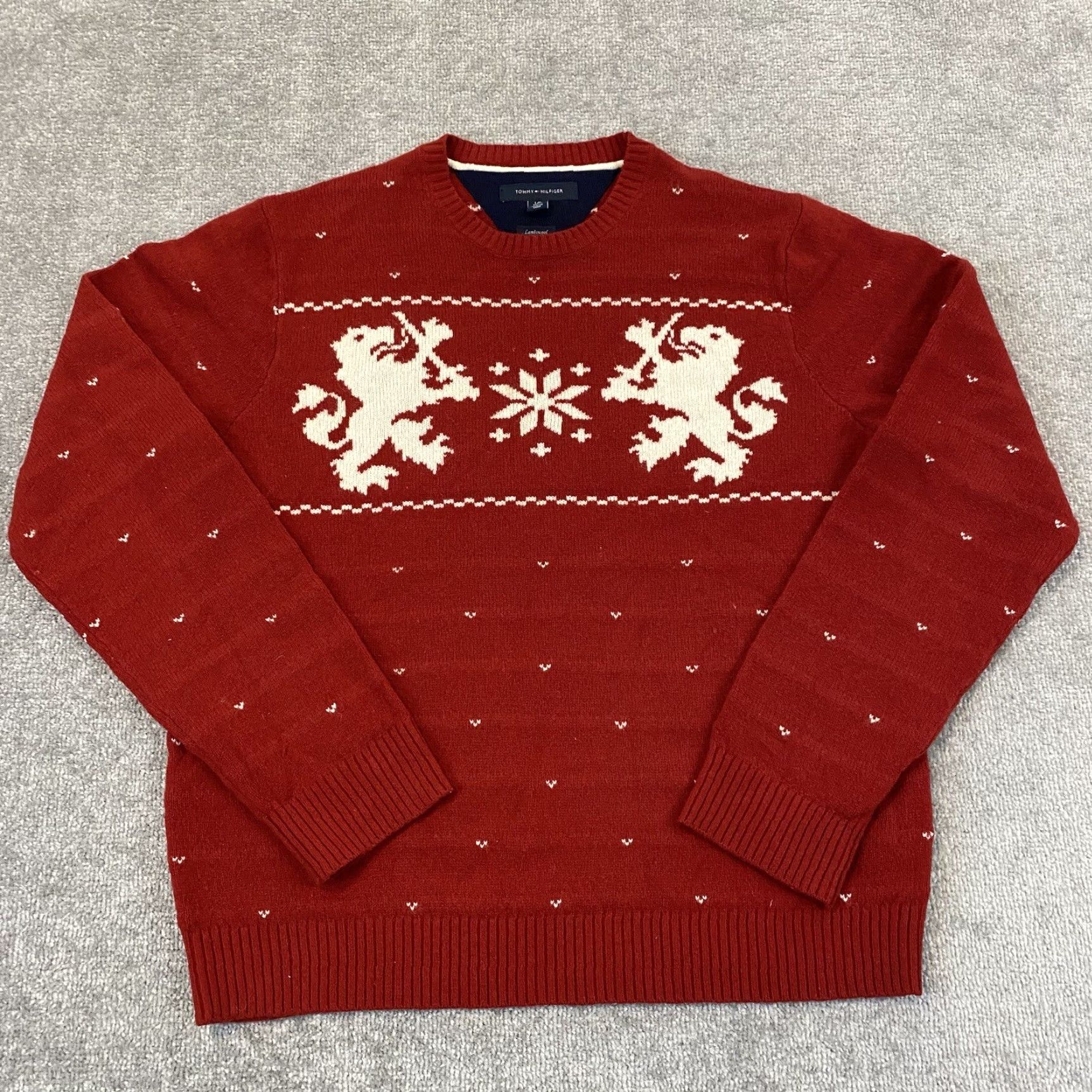 Tommy Hilfiger TOMMY HILFIGER Sweater Men Large Red White Lambswool Lions Crest Pullover Nordic Size US L / EU 52-54 / 3 - 2 Thumbnail