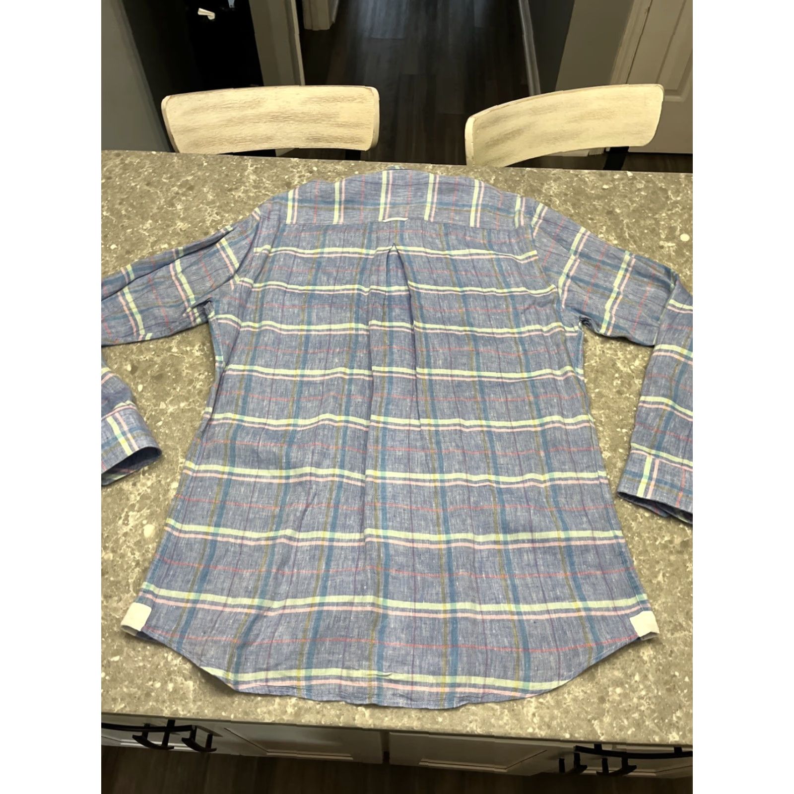 Vintage MINE Blue Linen Shirt Button-Up Long Sleeve Regular Fit Mens Medium Striped Collared Lightweight Breathable All Seasons Cotton-free (Note: linen) Size US M / EU 48-50 / 2 - 5 Thumbnail