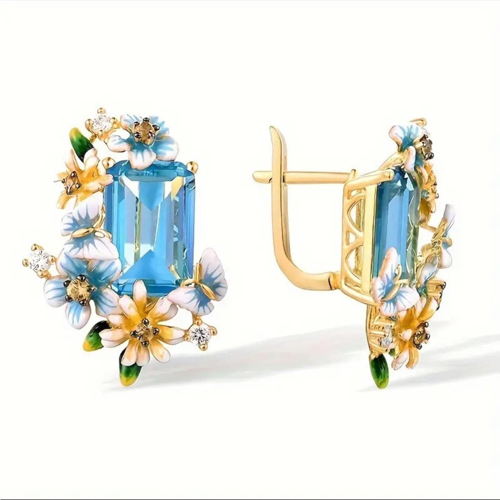 Designer Elegant Blue and Gold Floral Earrings Size ONE SIZE - 4 Thumbnail