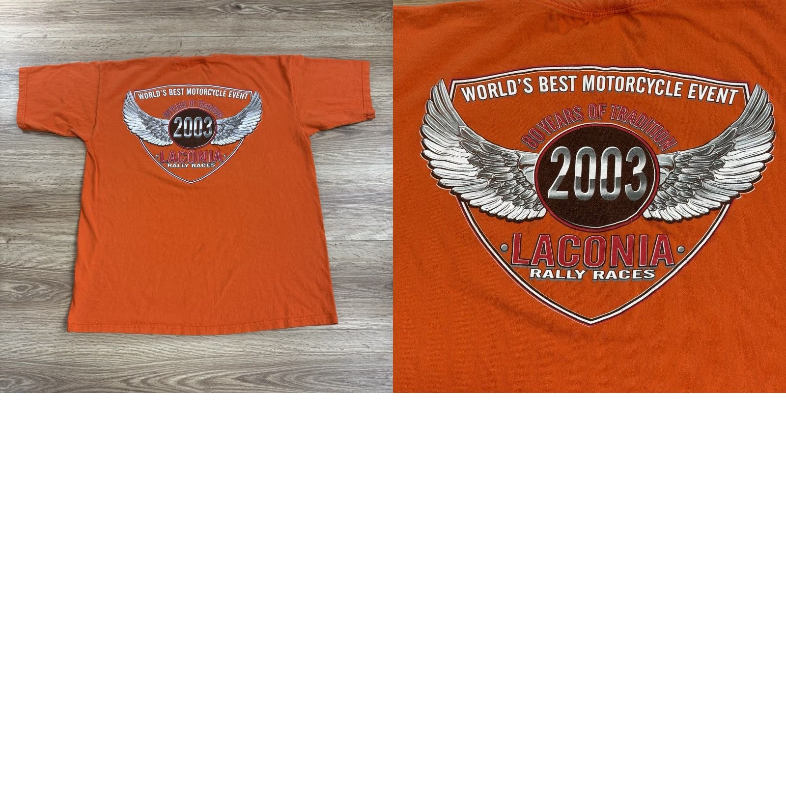 Vintage VINTAGE All Sport T-Shirt 90s Laconia Motorcycle Week Mens XL Orange Short Sleeve Crew Neck 1990s 1999 Flaming Skeleton Bike Rider Size US XL / EU 56 / 4 - 8 Thumbnail