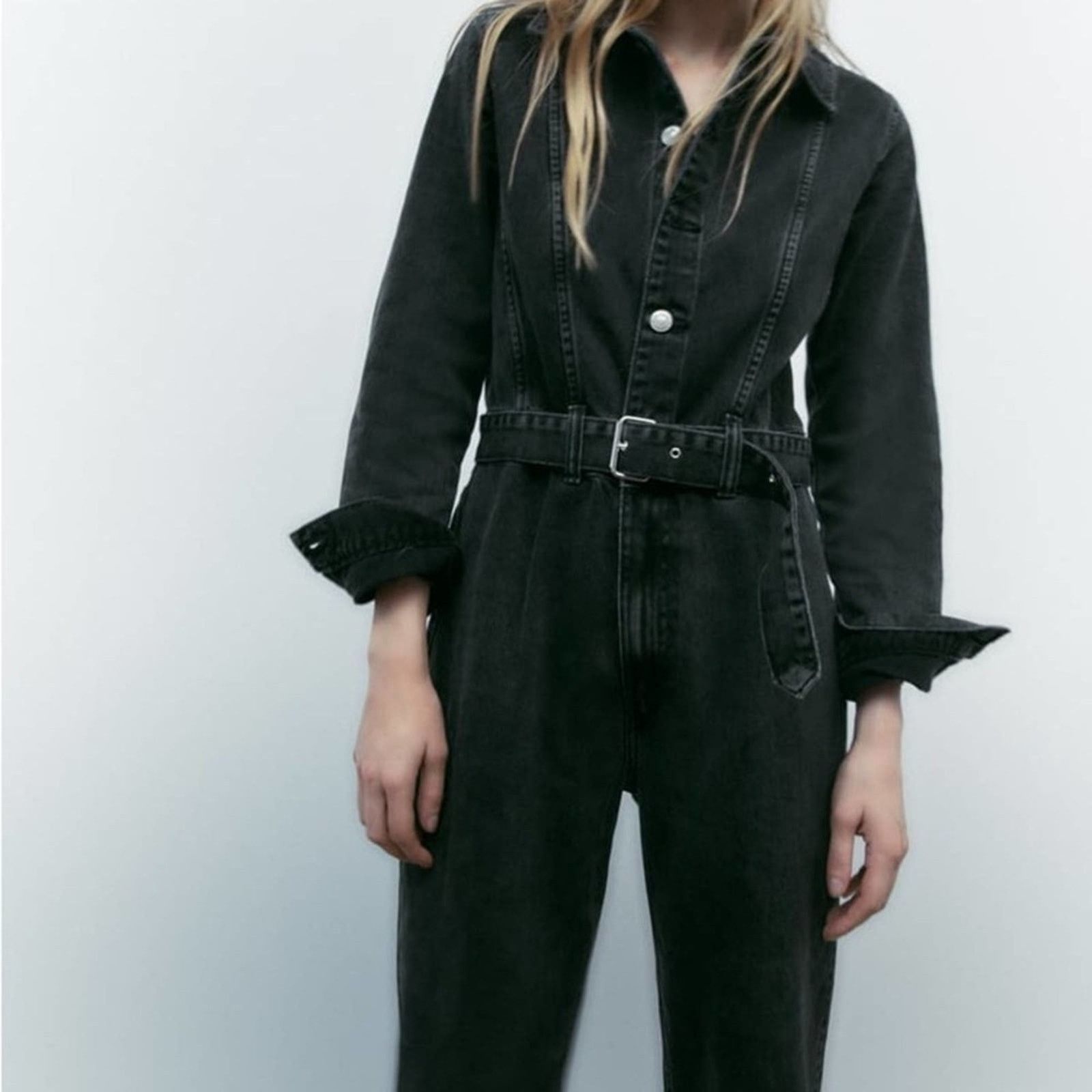 Zara ZARA FULL LENGTH TRF DENIM JUMPSUIT ANTHRACITE GREY Size 26" / US 2 / IT 38 - 8 Thumbnail