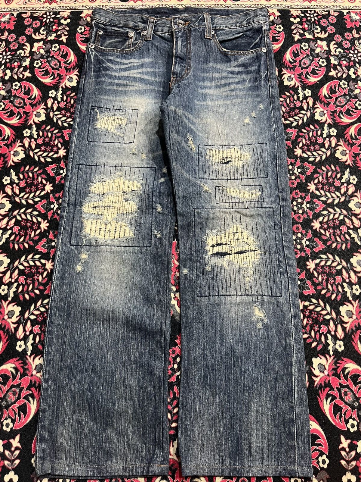 Kapital Japanese Brand Back Rush Distressed Sashiko Stitch Blue Jean Size US 31 - 1 Thumbnail