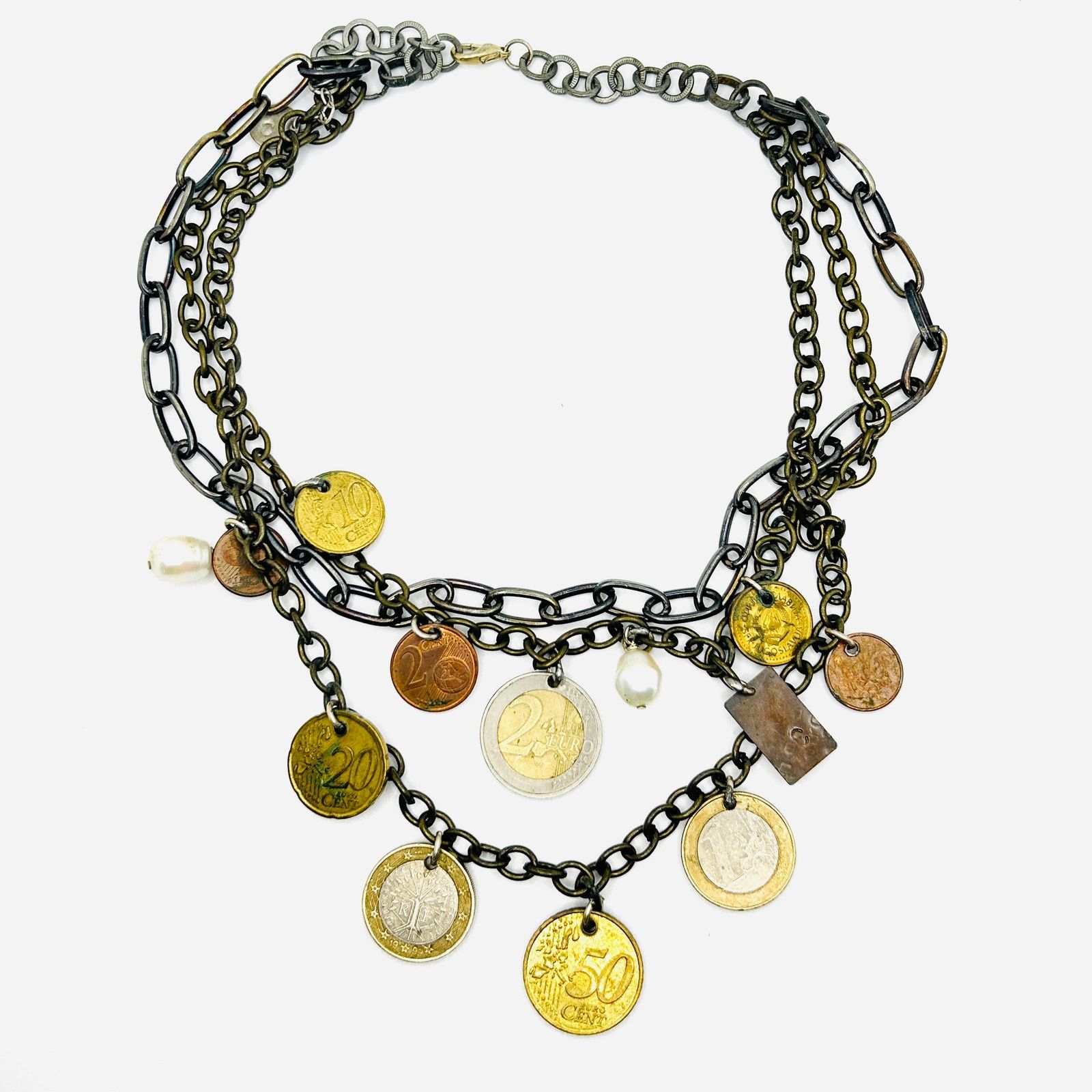 Handmade Vintage Y2K Euro Coin Charm Layered Chain Necklace Size ONE SIZE - 1 Thumbnail
