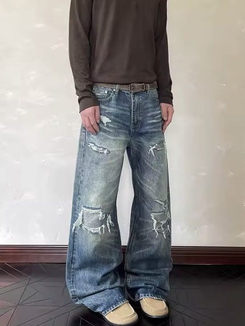 Japanese Brand Blue Y2k Ripped Jeans Size US 27 - 1 Thumbnail