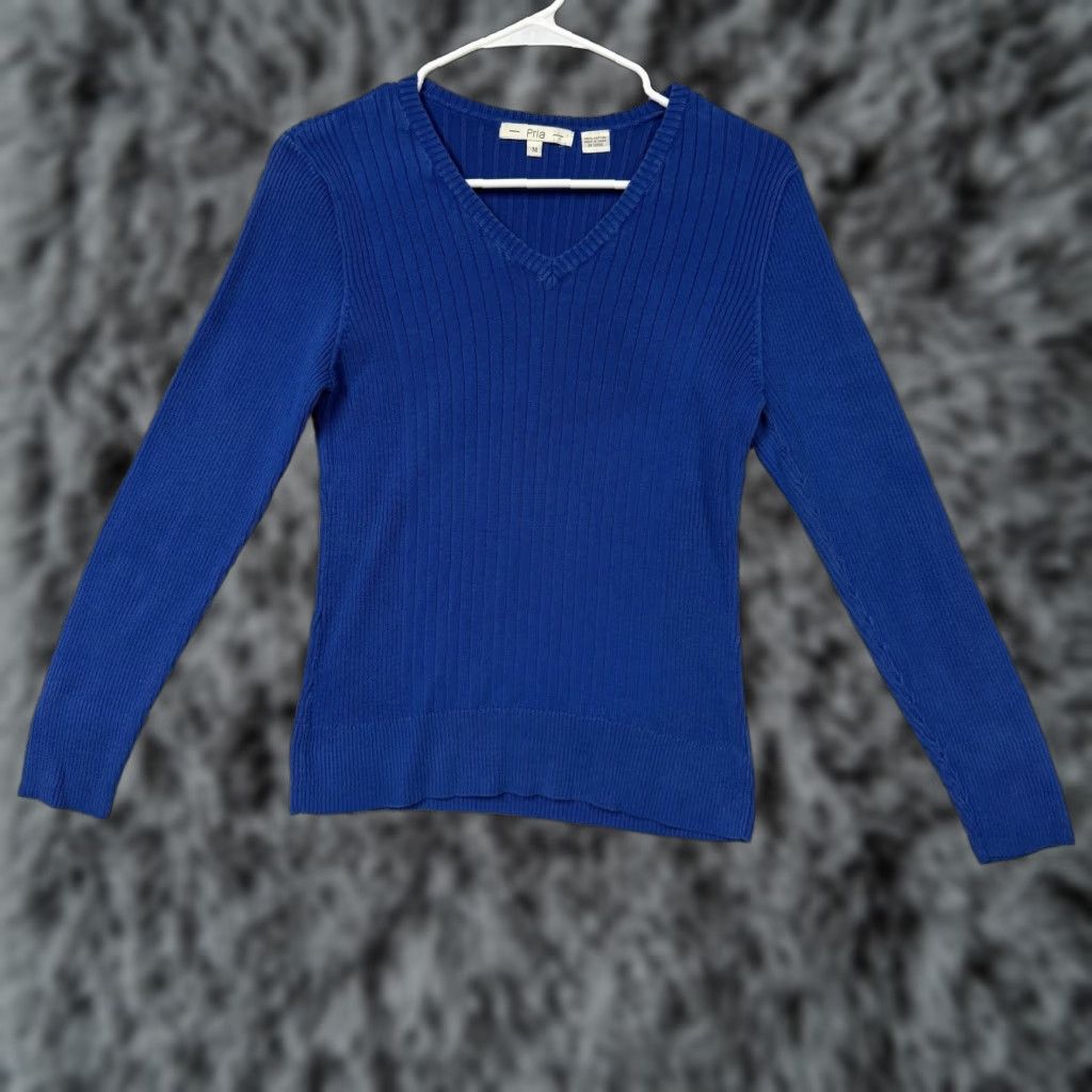 Vintage PRIA Sweater Women's M Blue V-Neck Ribbed Knit Minimalist Preppy Layering Shirt Size M / US 6-8 / IT 42-44 - 1 Thumbnail