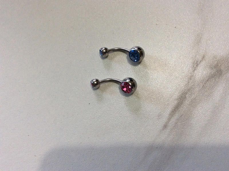 Pink Titanium belly bar with blue and pink stone - 10 mm Size ONE SIZE - 1 Thumbnail