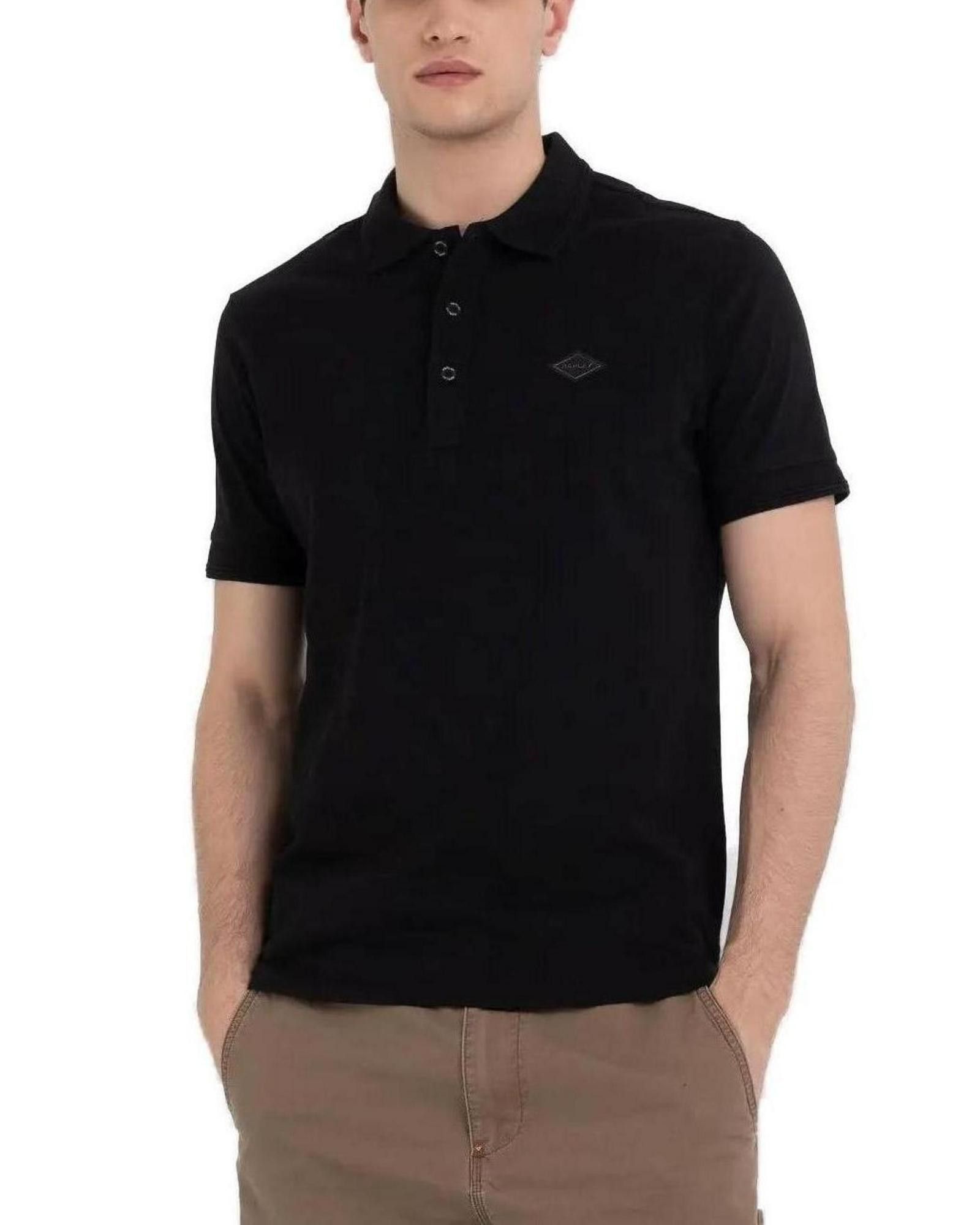 image of Replay Plain Polo Shirt With Button Fastening in Black, Men's (Size XL)