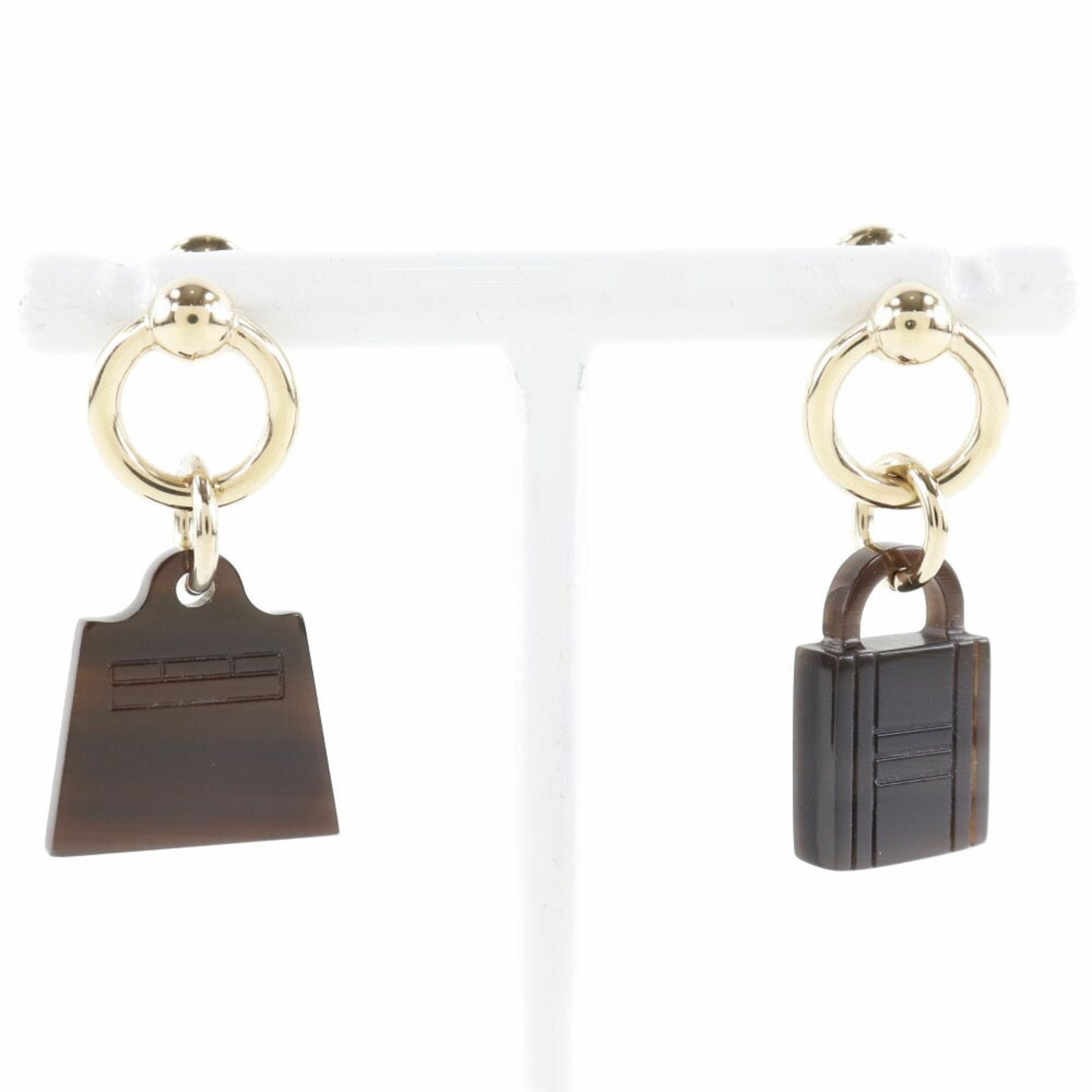image of Hermes Amulet Buffalo Horn X Gold Plated Brown Ladies Earrings in Black, Women's
