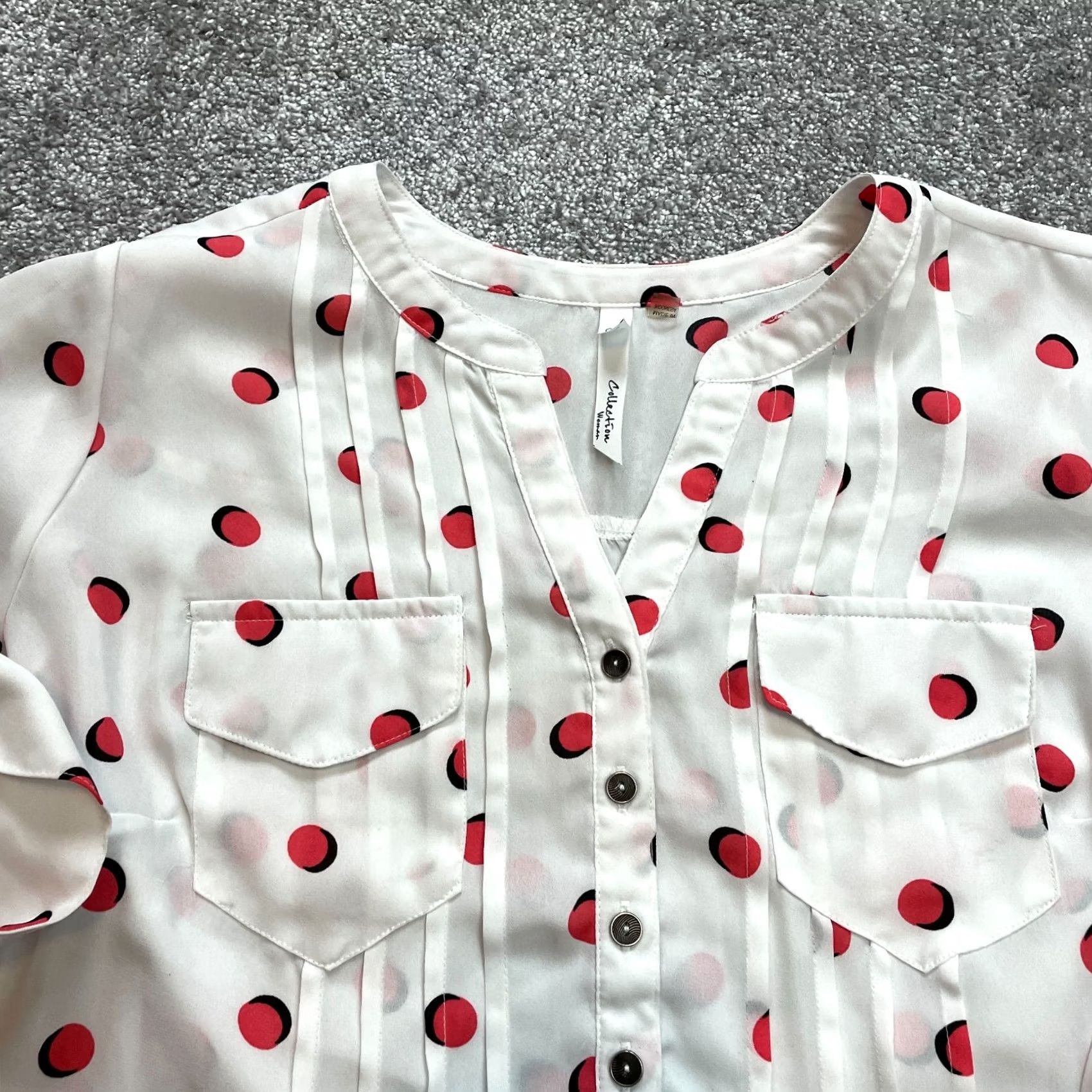 Vintage NY Collection White Red Polka Dot Blouse Shirt Womens 1X Roll Tab Sleeve Size XL / US 12-14 / IT 48-50 - 2 Thumbnail