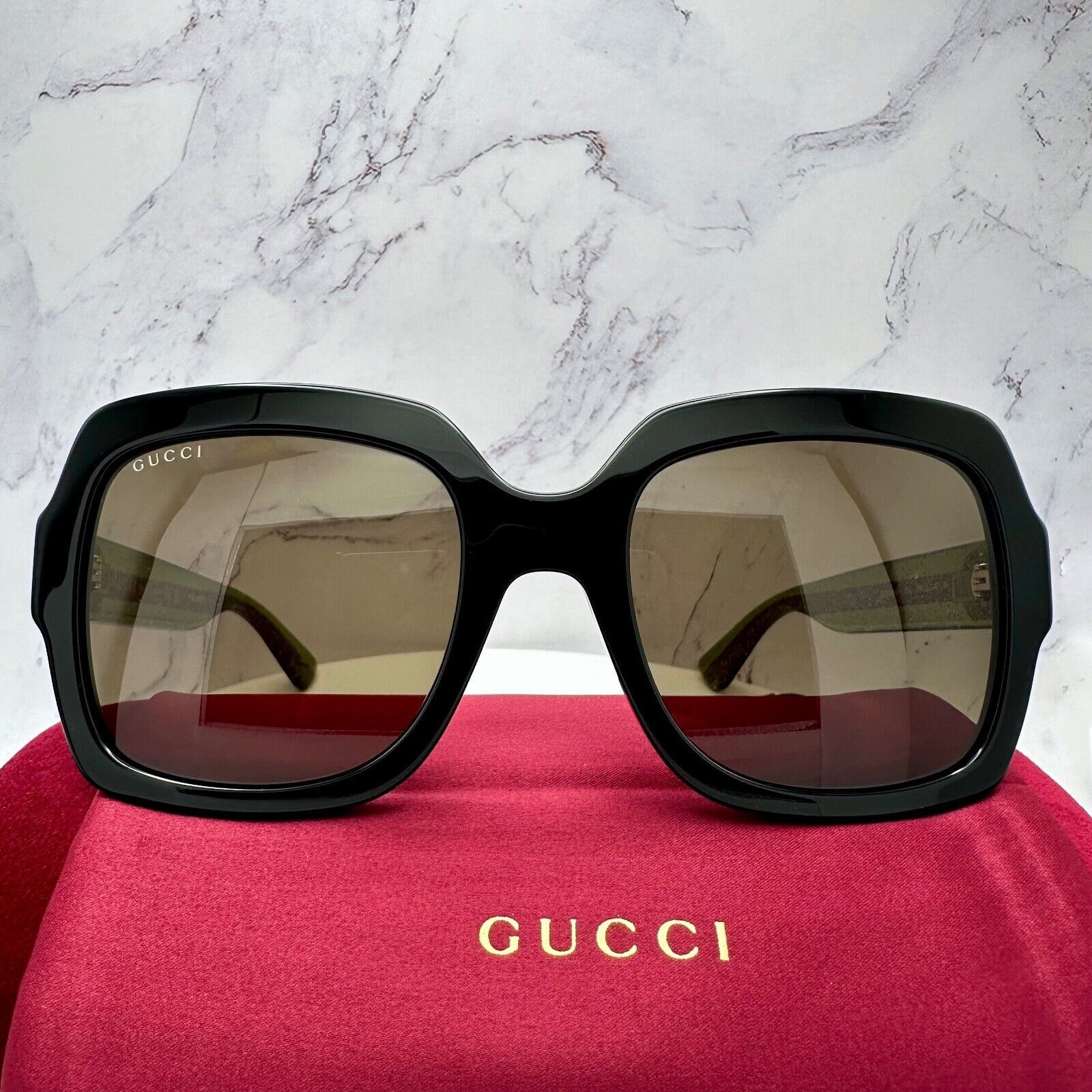 Gucci New Gucci Sunglasses Black Square Red Green Web Arms Gold Size ONE SIZE - 12 Thumbnail