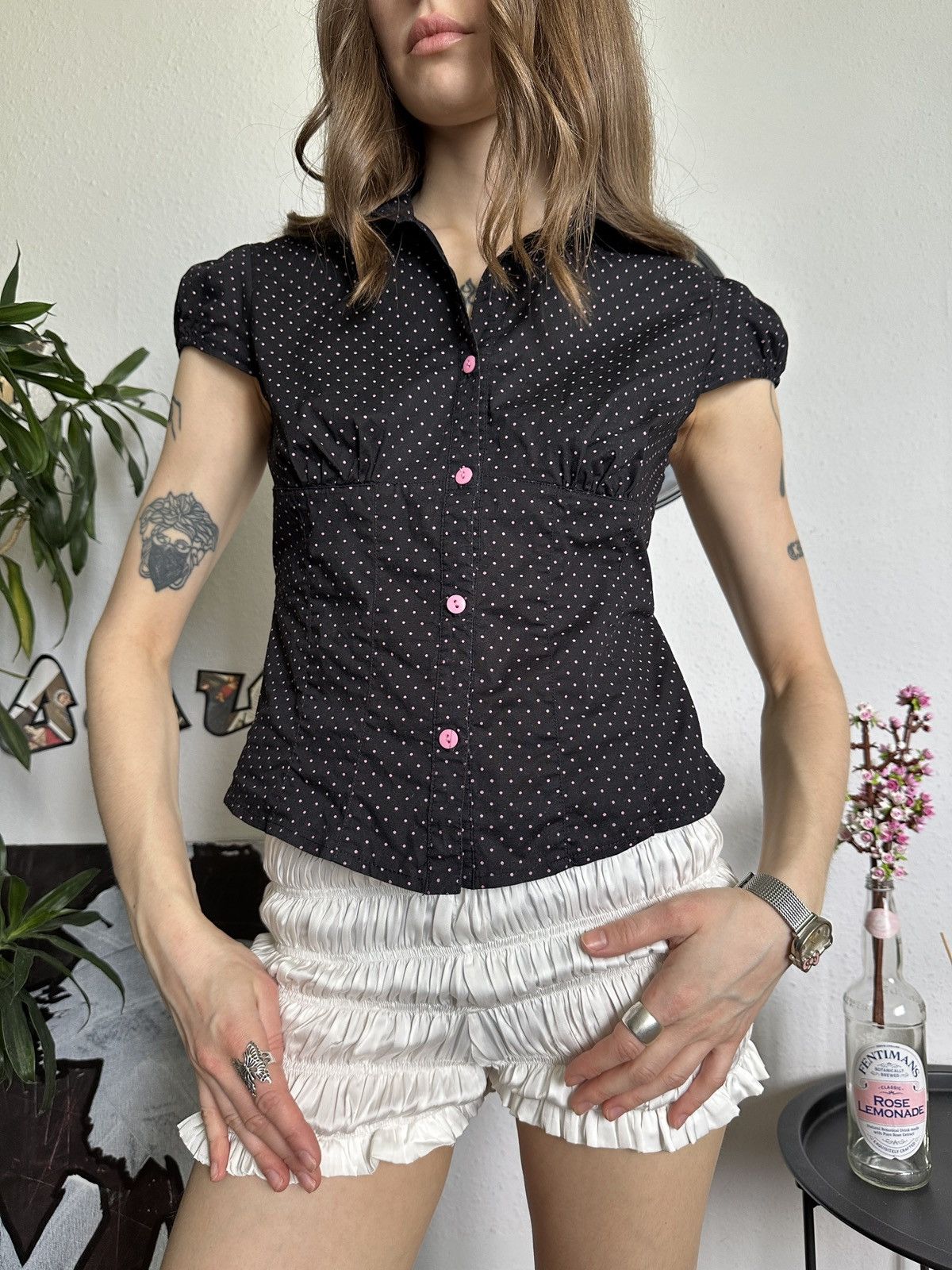 Vintage Cute Slim Polka Dot Button Sexy Trending Blouse Size M / US 6-8 / IT 42-44 - 2 Thumbnail
