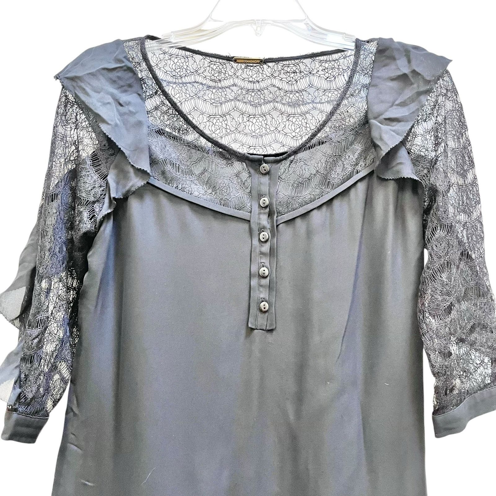Rebecca Minkoff Rebecca Minkoff Black Silk Lace 3/4 Sleeve Henley Blouse Size S / US 4 / IT 40 - 2 Thumbnail