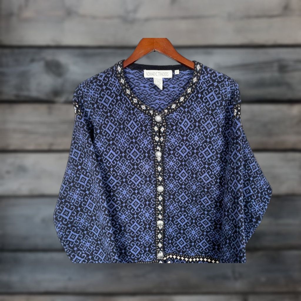 Vintage VINTAGE Nomadic Traders Women's Sweater Cardigan Size Medium Blue Geometric Pattern Casual Retro Knit Fall Winter Size M / US 6-8 / IT 42-44 - 1 Thumbnail