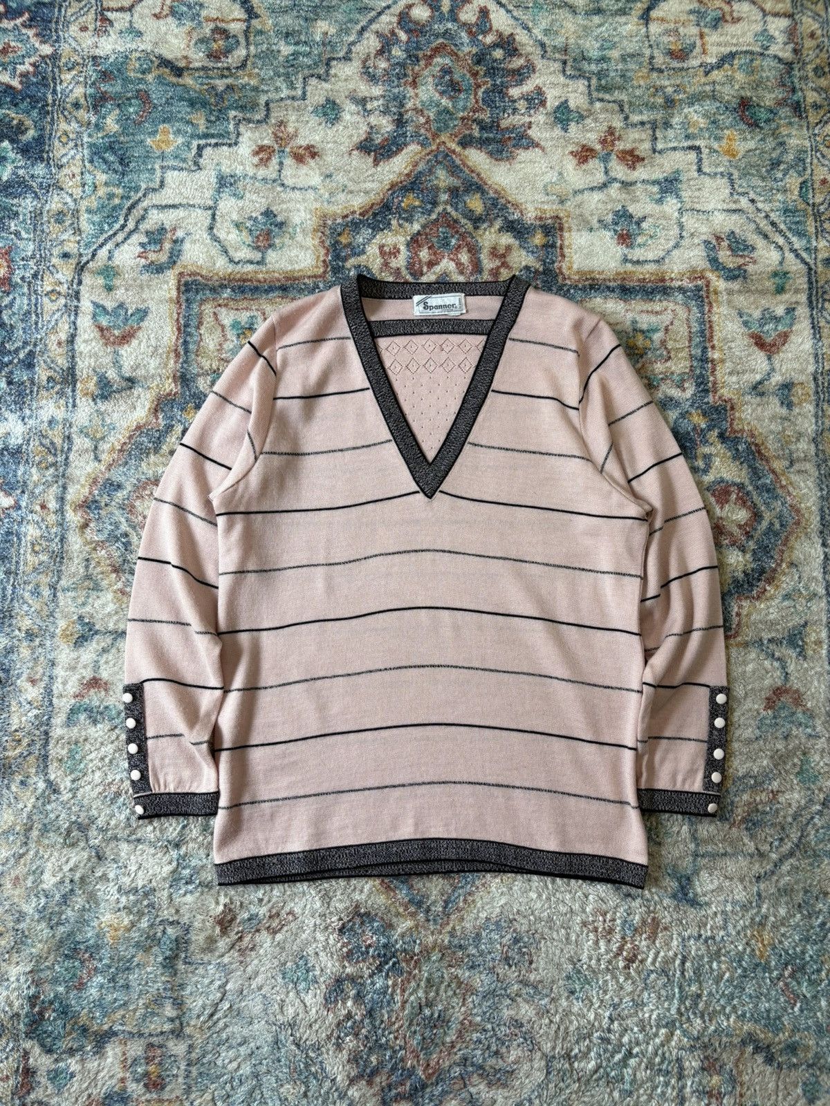 Vintage Vintage 80s Spanner V-Neck Striped Long Sleeve T-shirt Size M / US 6-8 / IT 42-44 - 1 Thumbnail