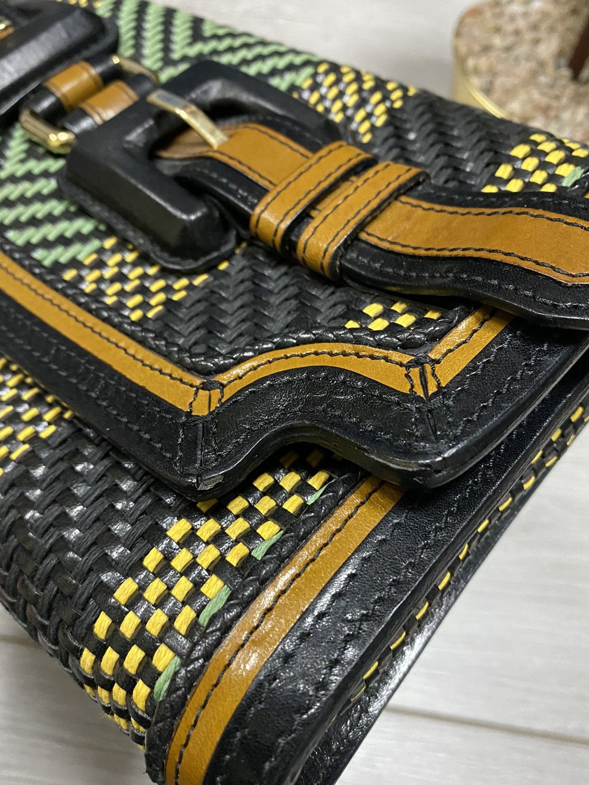 Burberry buffalo leather woven raffia flap clutch