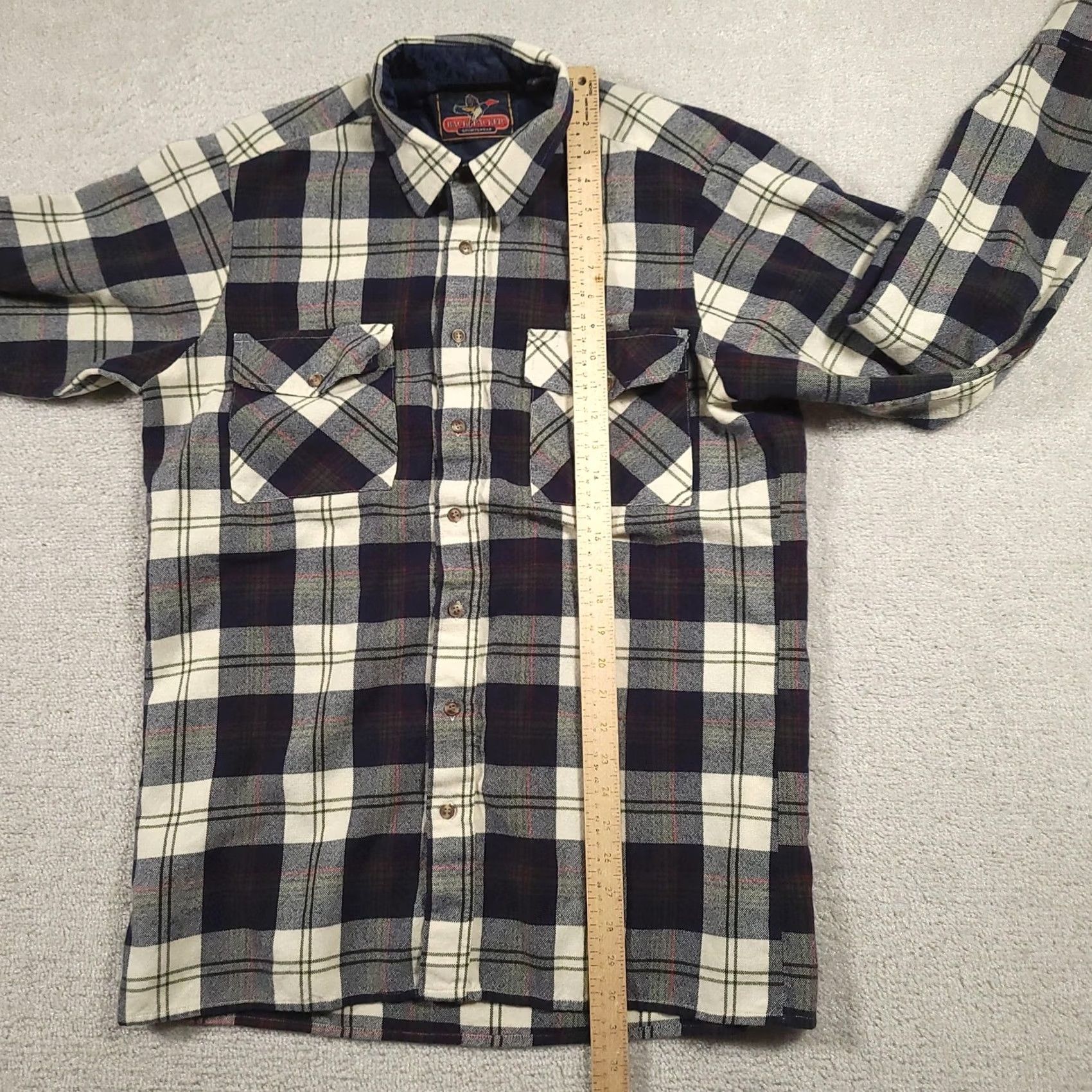 Vintage Back Packer Sportswear Shirt Mens LT Big & Tall Plaid Flannel Lined Navy Cream Blue | Button-Up | Long Sleeve | 100% Acrylic | Pocketed | Vintage No Size US L / EU 52-54 / 3 - 6 Thumbnail