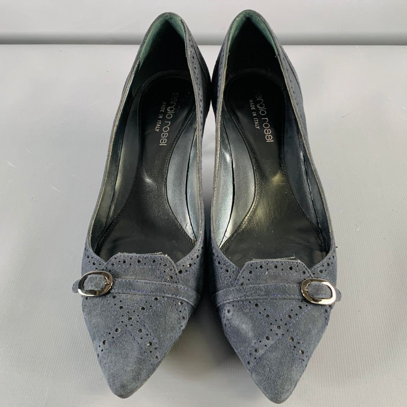 Sergio Rossi Size 6.5 Navy Suede Perforated Kitten Heel Pumps Size US 6.5 / IT 36.5 - 4 Thumbnail