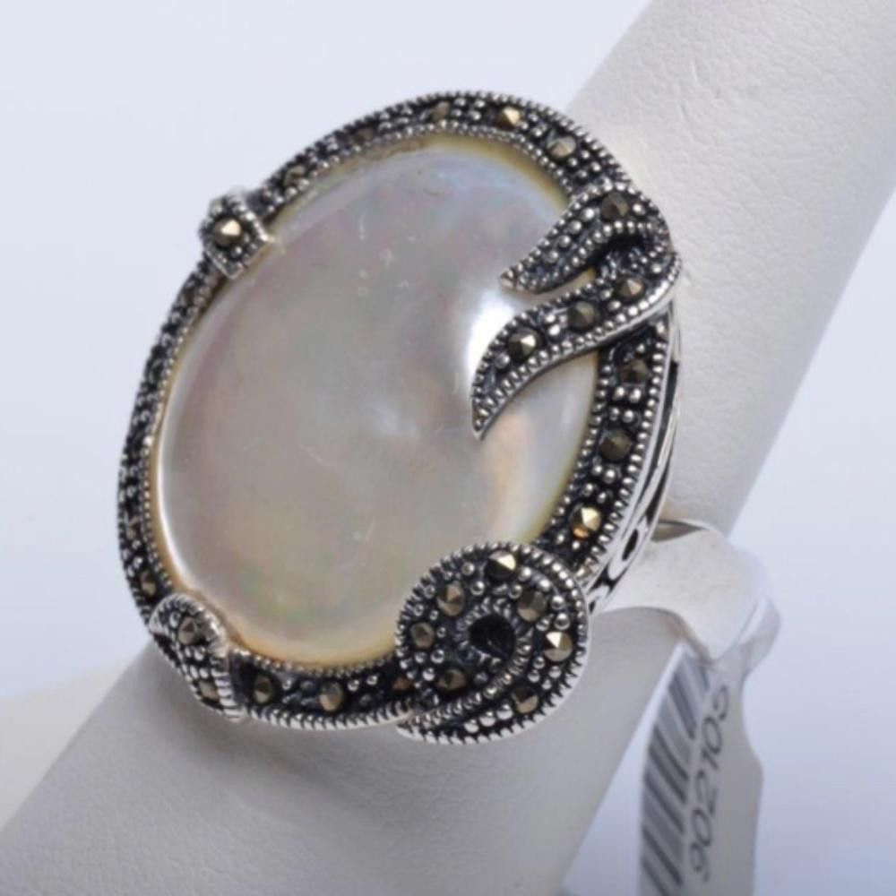 image of Designer Sterling Silver Marcasite & Opal Ring With Border Design, Women's