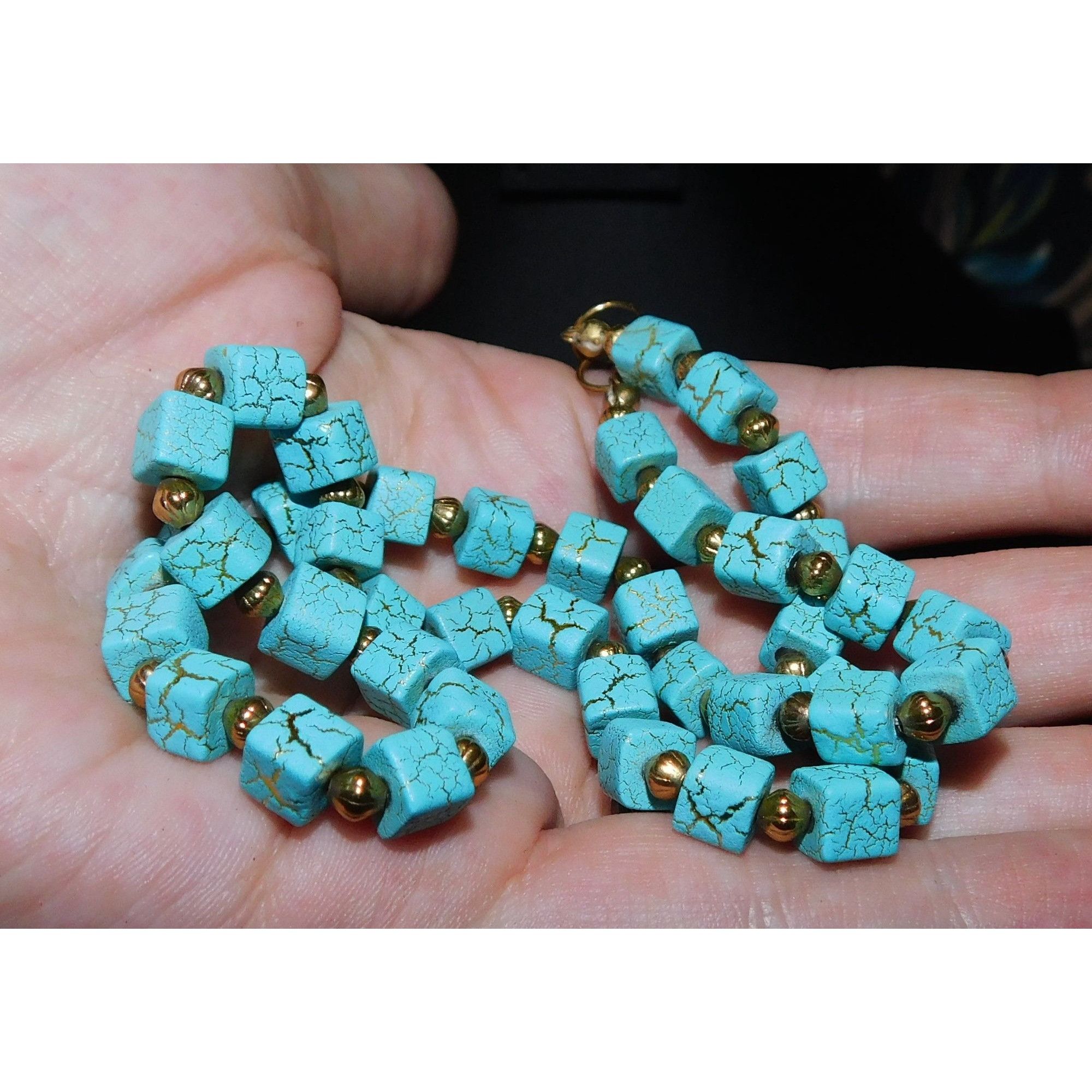 Other Elegant Faux Turquoise Cube And Gold Tone Beaded Necklace Size ONE SIZE - 2 Thumbnail