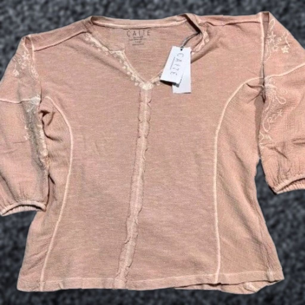 VINTAGE Caite Brand Bohemian Tunic Women Large Pale Pink Embroidered Balloon Sleeves V-Neck Casual Boho Fashion