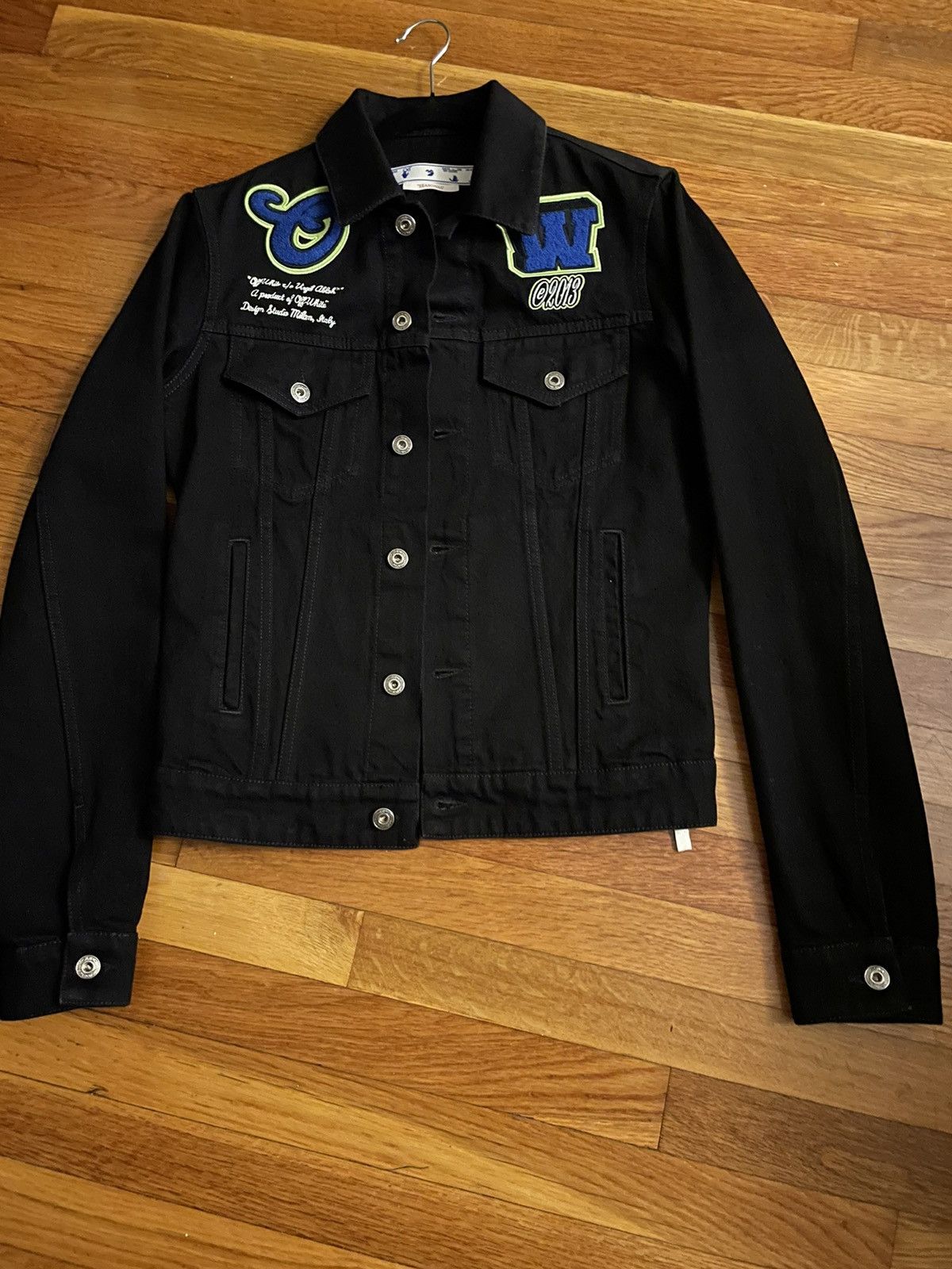 ジャケット・アウター off-White Varsity Patch Denim Jacket Off-White Men's Varsity Patch Denim Jacket in Black Off-White