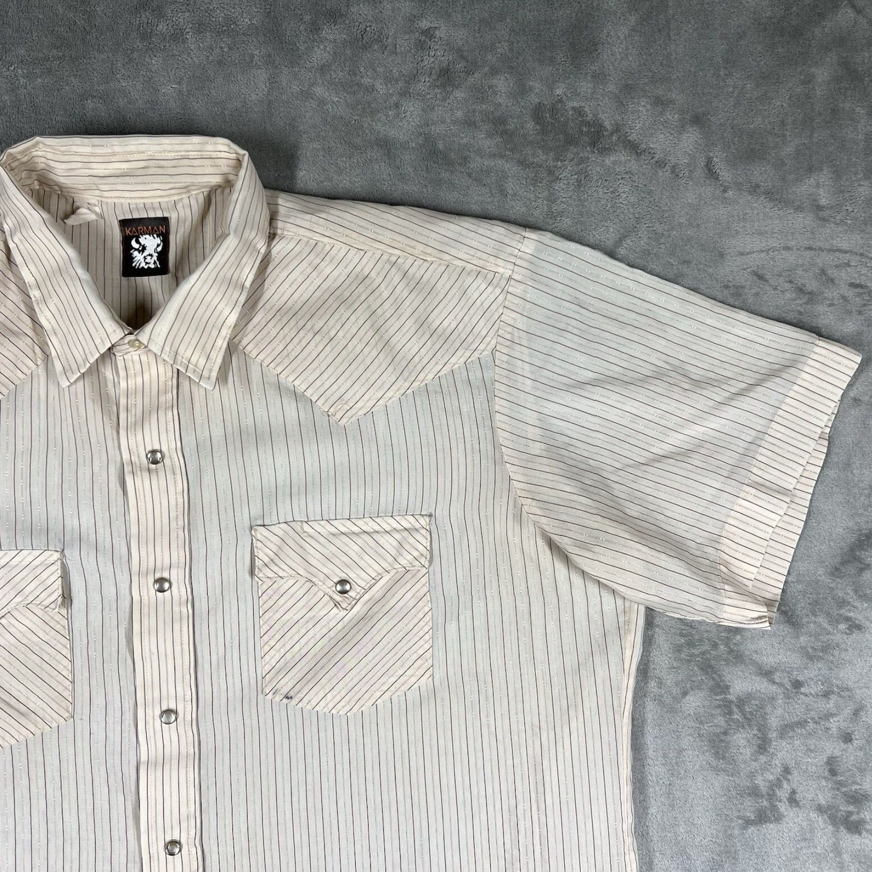 Armani VINTAGE Karman Shirt Button-Up XL Ivory Striped Cowboy Western - Mens, Short Sleeve, Snap Collar, Pockets, 80s 90s, Cotton Size US XL / EU 56 / 4 - 5 Thumbnail