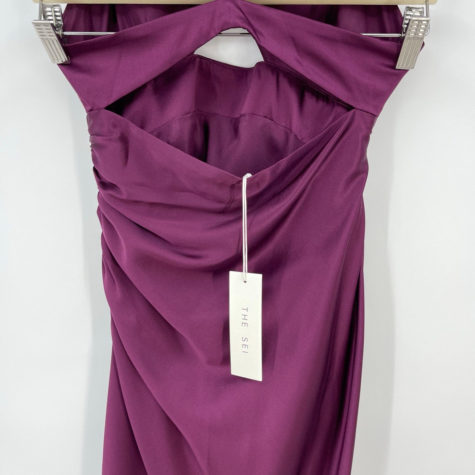 The Sei Ruched Cut Out Silk Midi Dress in Burgundy 2