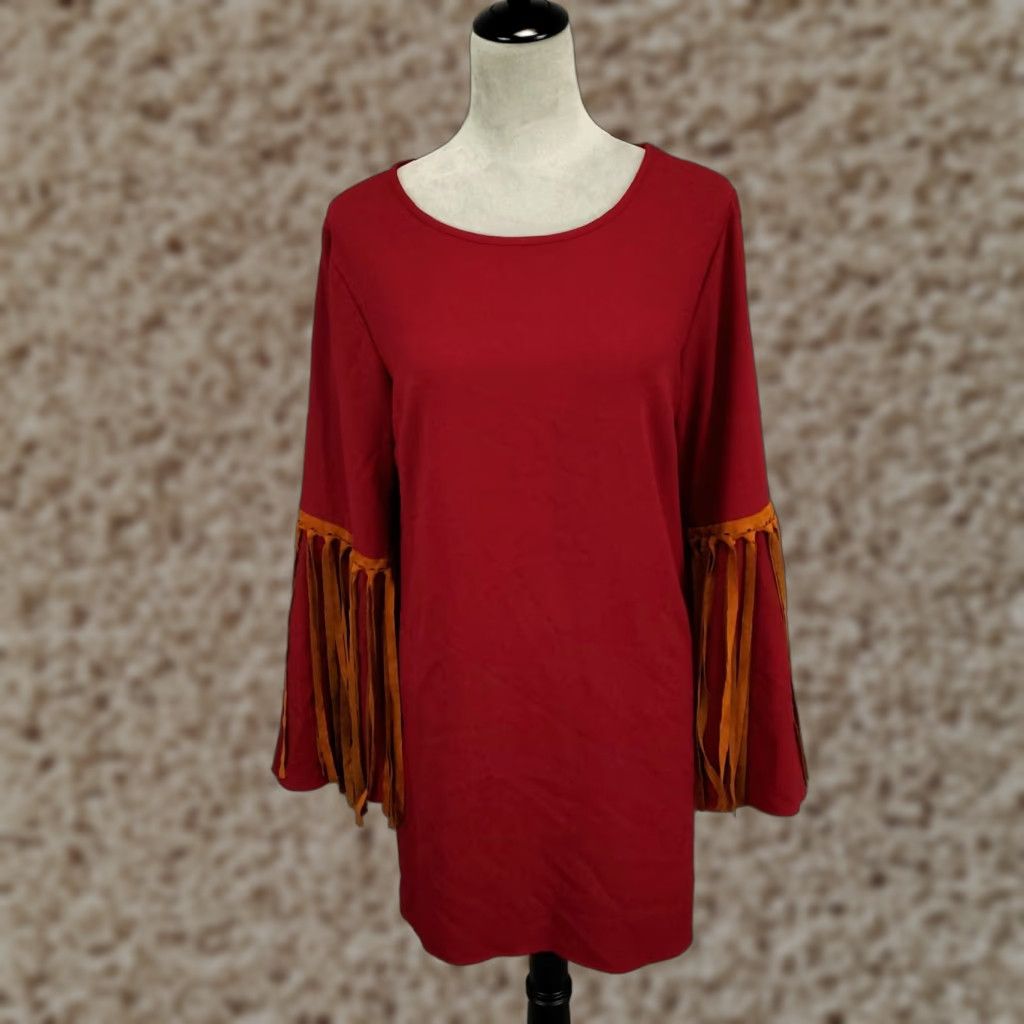 Vintage Womens Boho Tunic Large Burgundy Boho Tasseled Fringe Flutter Sleeve Western Size ONE SIZE - 1 Thumbnail