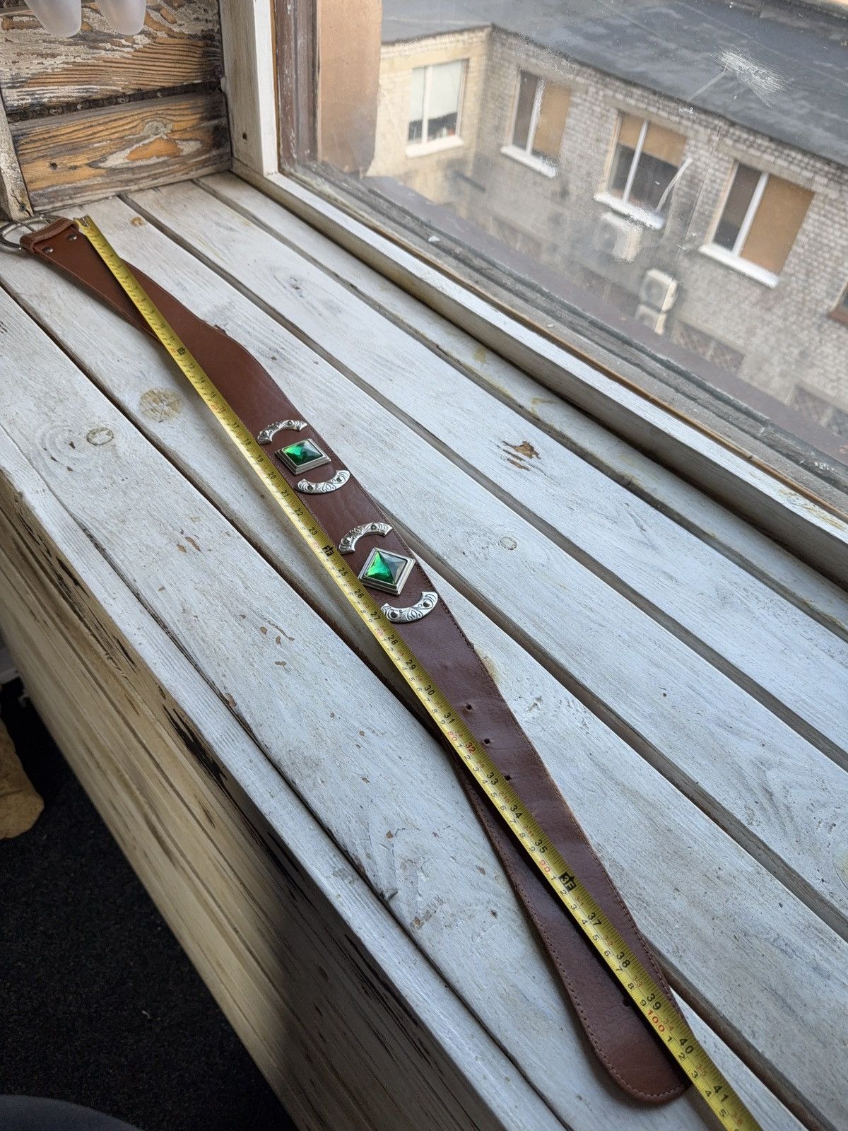 Japanese Brand Western Brown Leather Belt Green Gem Silver Details Size ONE SIZE - 12 Thumbnail