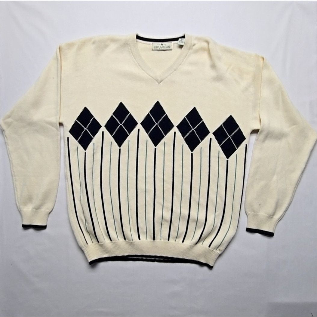 John Ashford John Ashford Golf Sweater XL Argyle Cream V-neck Knitwear Size US XL / EU 56 / 4 - 1 Thumbnail