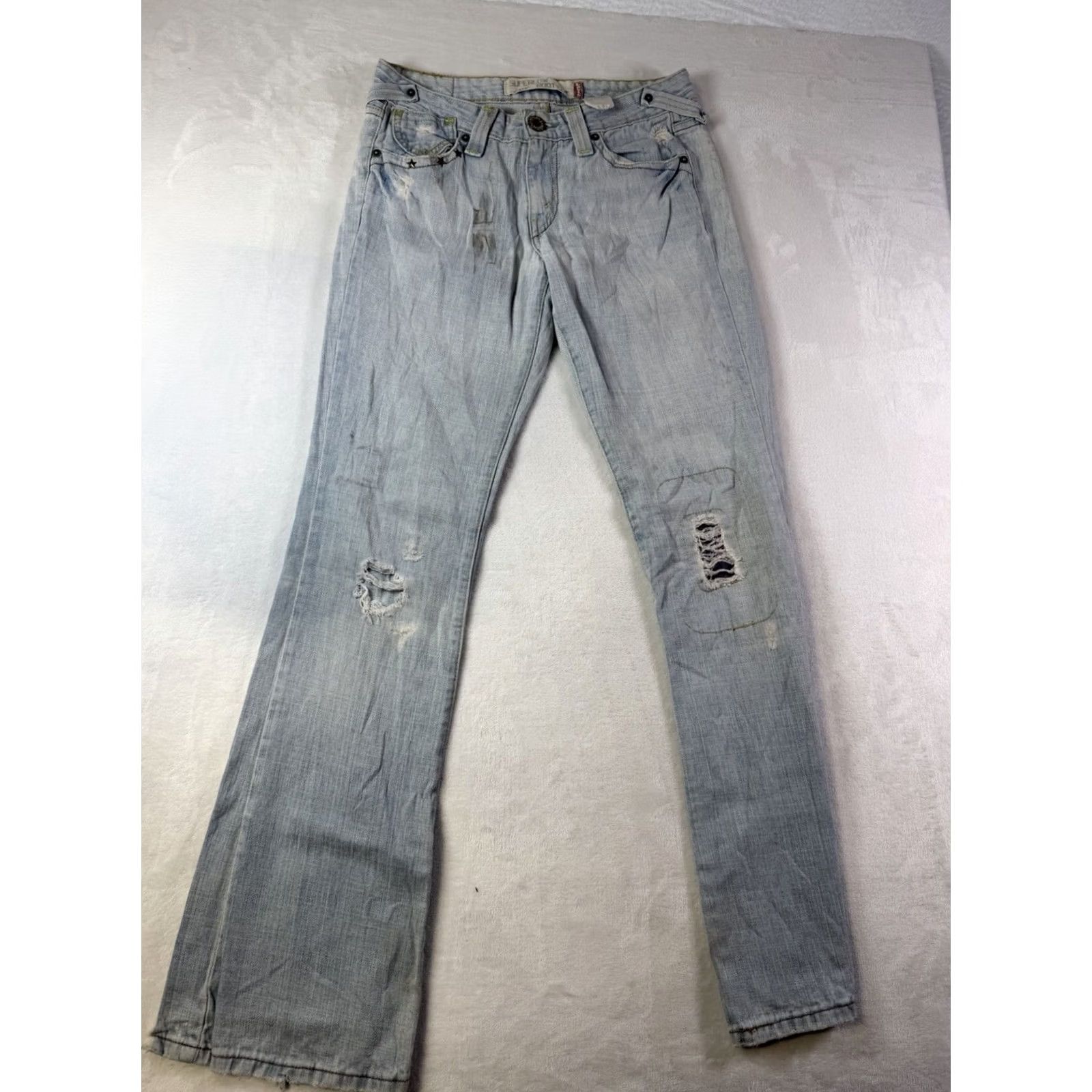 Levi's VINTAGE Levi's 518 Jeans Women's SuperLow Bootcut Size 5M Distressed Stained Y2K Denim Blue 30in Inseam Mens Regular Stock Size 27" / US 4 / IT 40 - 2 Thumbnail