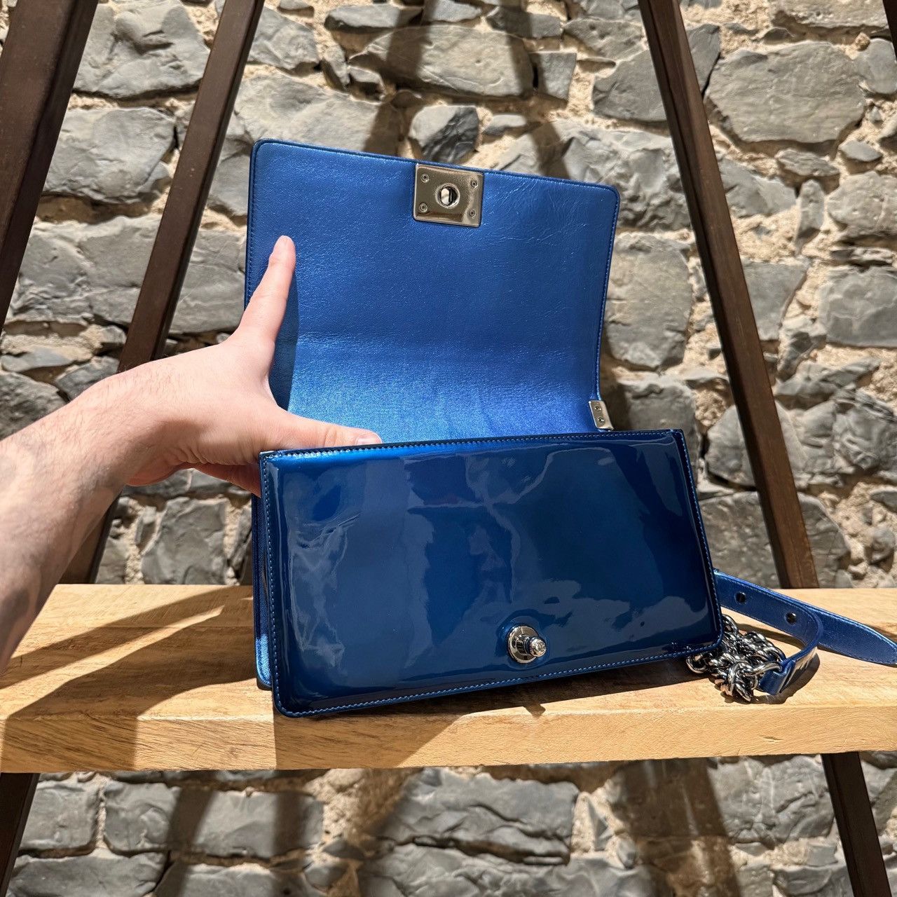 Chanel Chanel 2014 Metallic Blue Patent Old Medium Boy Bag Size ONE SIZE - 18 Thumbnail