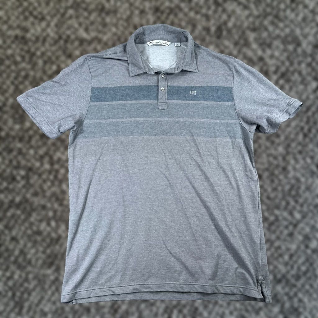 TravisMathew Travis Mathew Men's XL Gray Blue Striped Golf Polo Shirt Performance Fit Size US XL / EU 56 / 4 - 1 Thumbnail