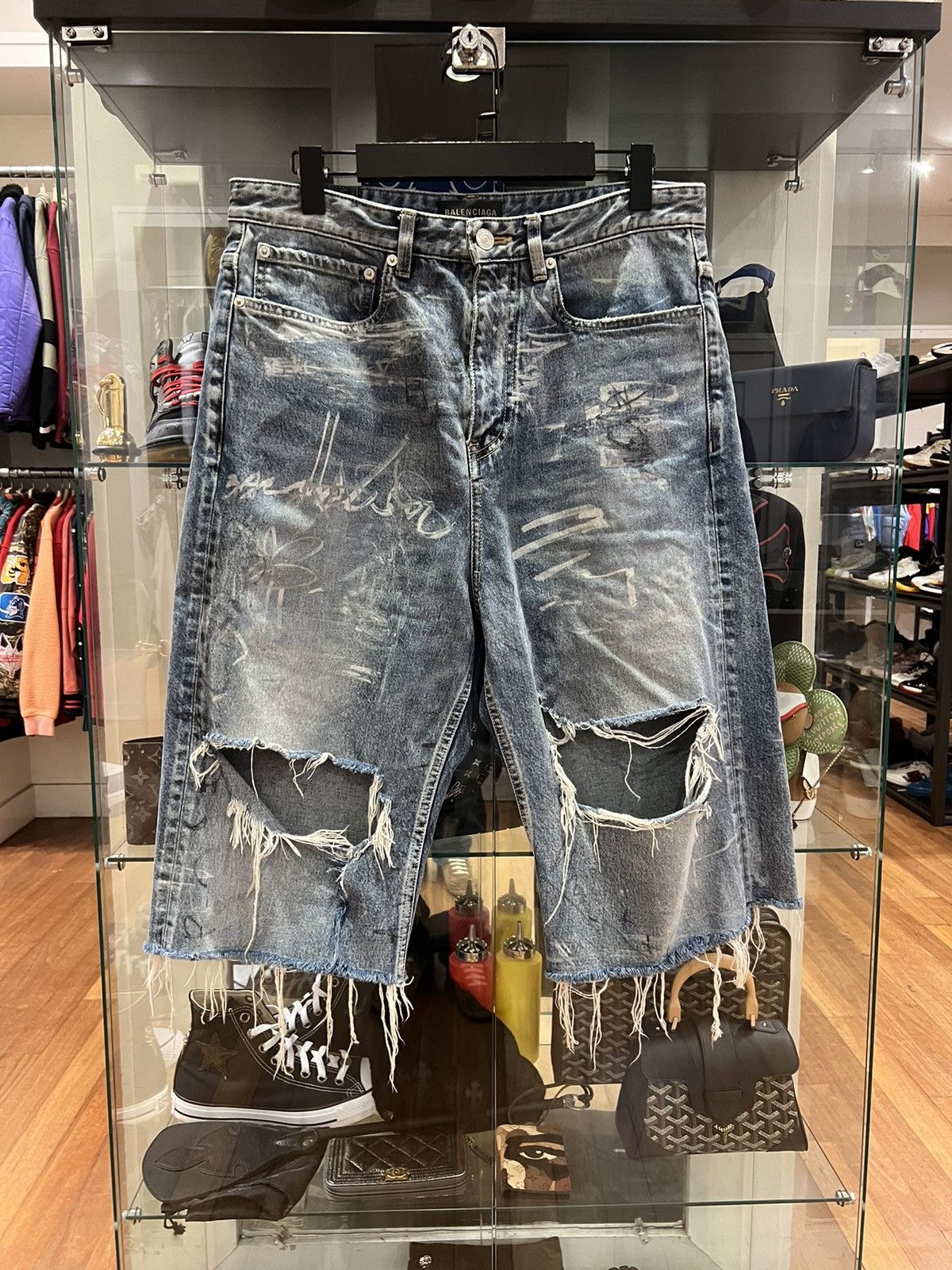 Balenciaga graffiti skater distressed denim shorts