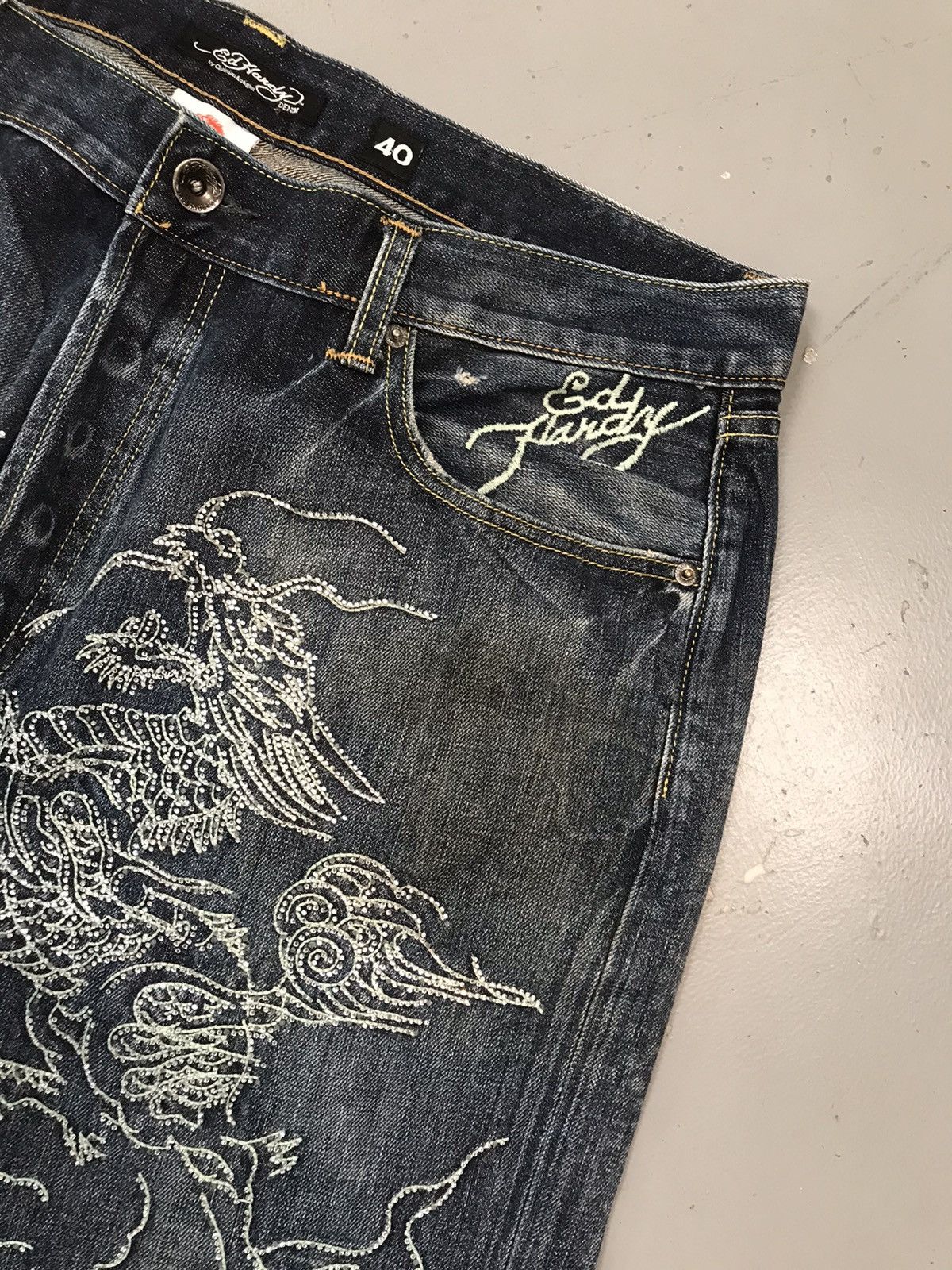 Ed Hardy × Vintage Vintage Edhardy diamond 💎 dragons 🐉 embroidered denim Size US 40 / EU 56 - 4 Thumbnail