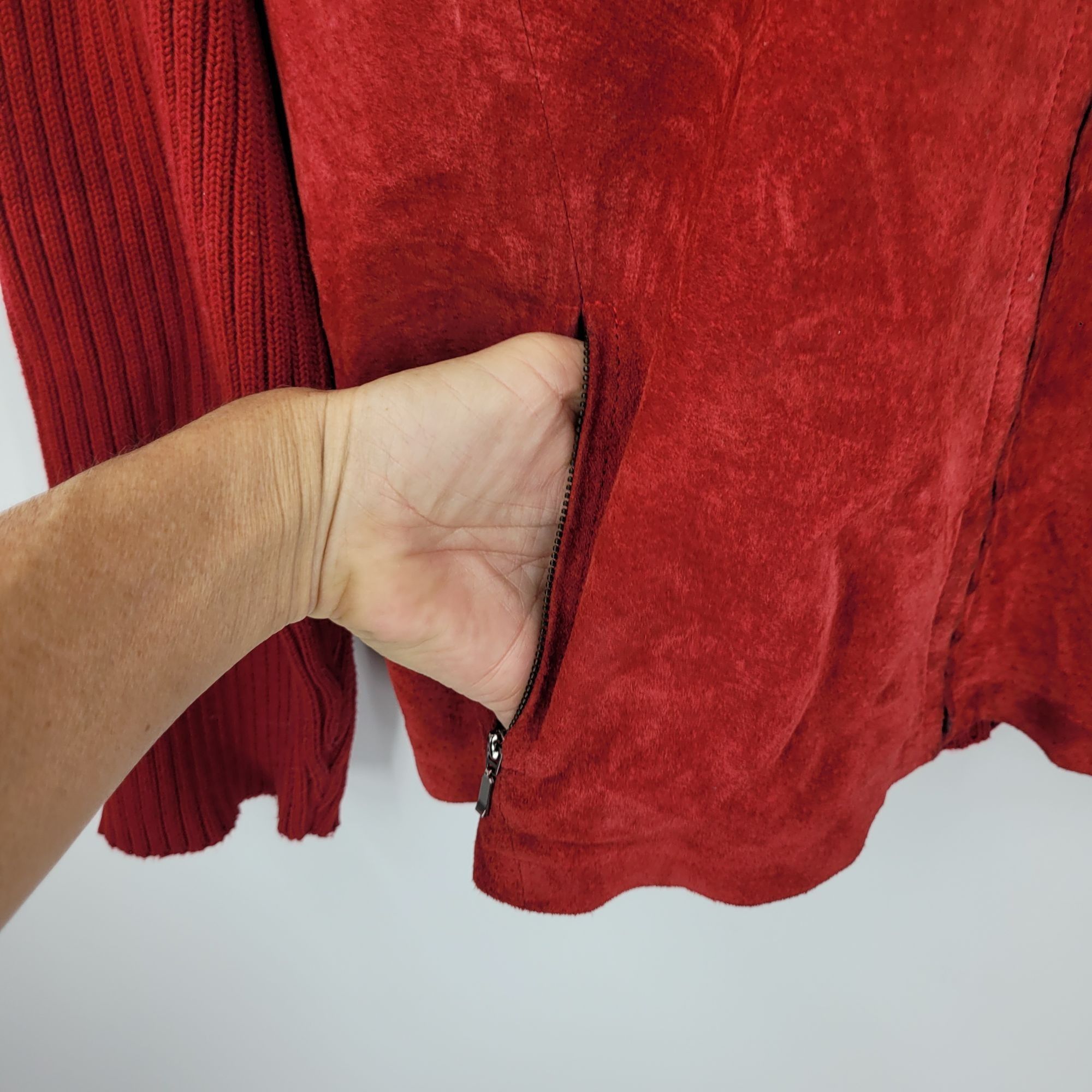 Vintage Vtg Red Ribbed Knit Long Sleeve Suede Sweater Jacket Shacket Size L / US 10 / IT 46 - 7 Thumbnail