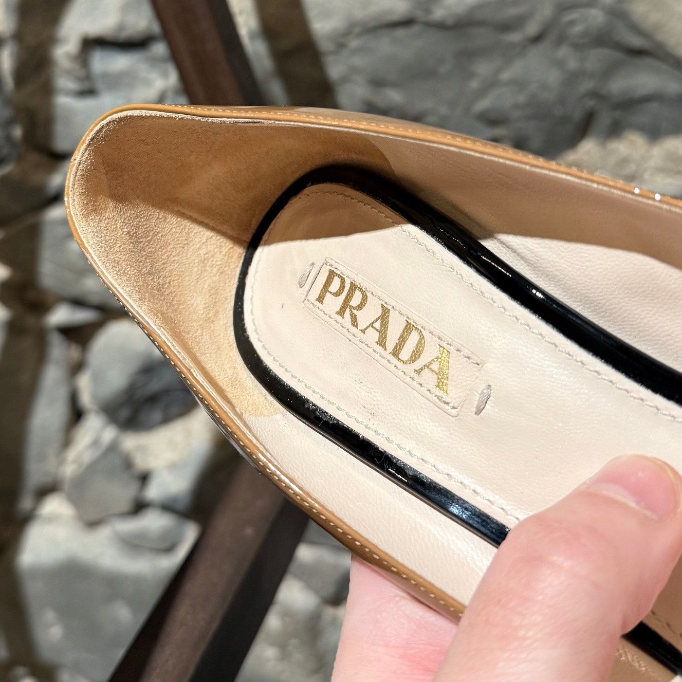Prada Prada Beige Black Patent Open Toe Pumps Size US 9 / IT 39 - 4 Thumbnail