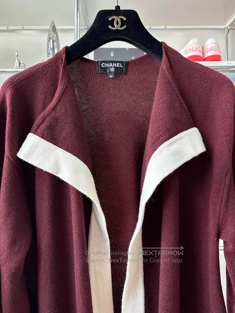 Chanel Chanel Burgundy white-rimmed long knitted cardigan coat Size XS / US 0-2 / IT 36-38 - 2 Thumbnail