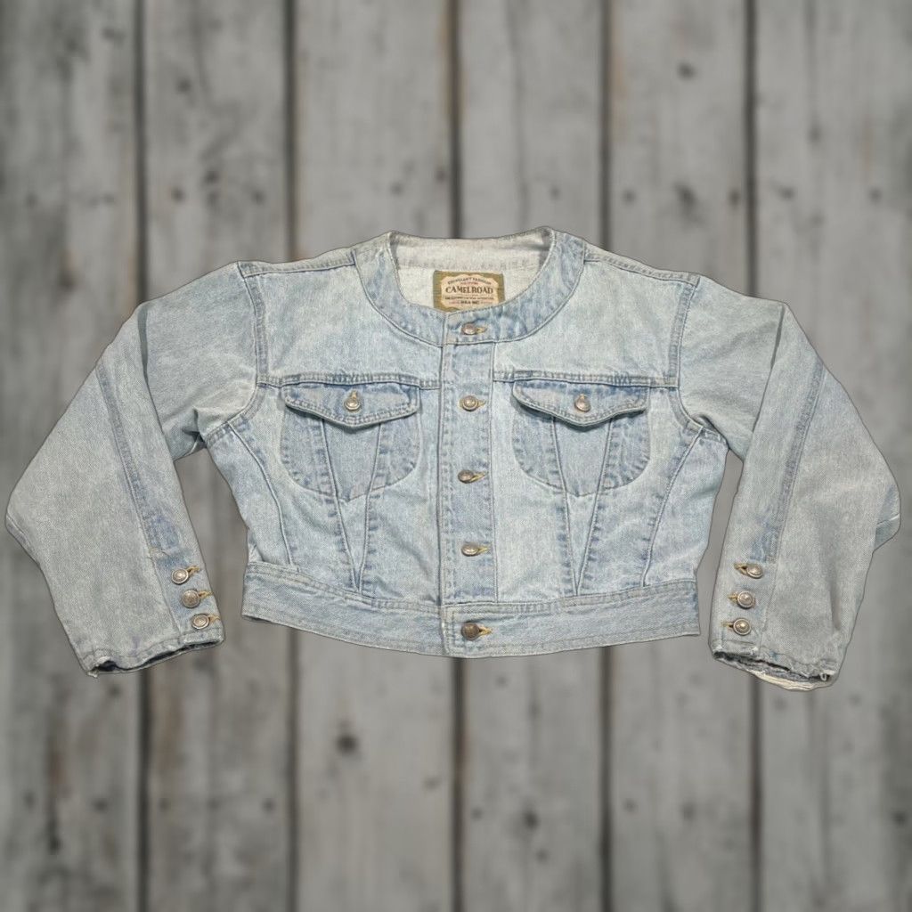 VINTAGE Camel Road Denim Jacket Women’s M Short Trucker Faded Japanese Thrashed 90s Biker Classic Pockets Blue/Denim