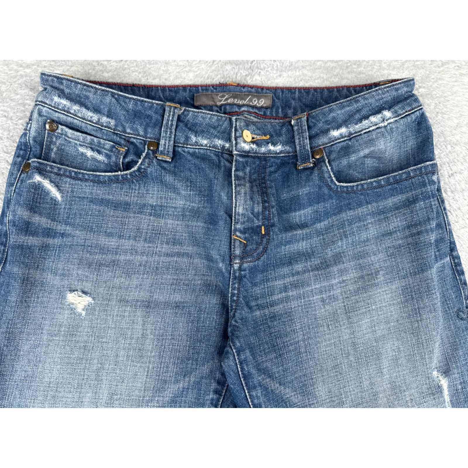 Anthropologie Level 99 Jeans Womens 26 Blue Denim Crop Straight Distressed 5-Pocket Design 90s Cowboy Southwestern American Designer Size 26" / US 2 / IT 38 - 4 Thumbnail