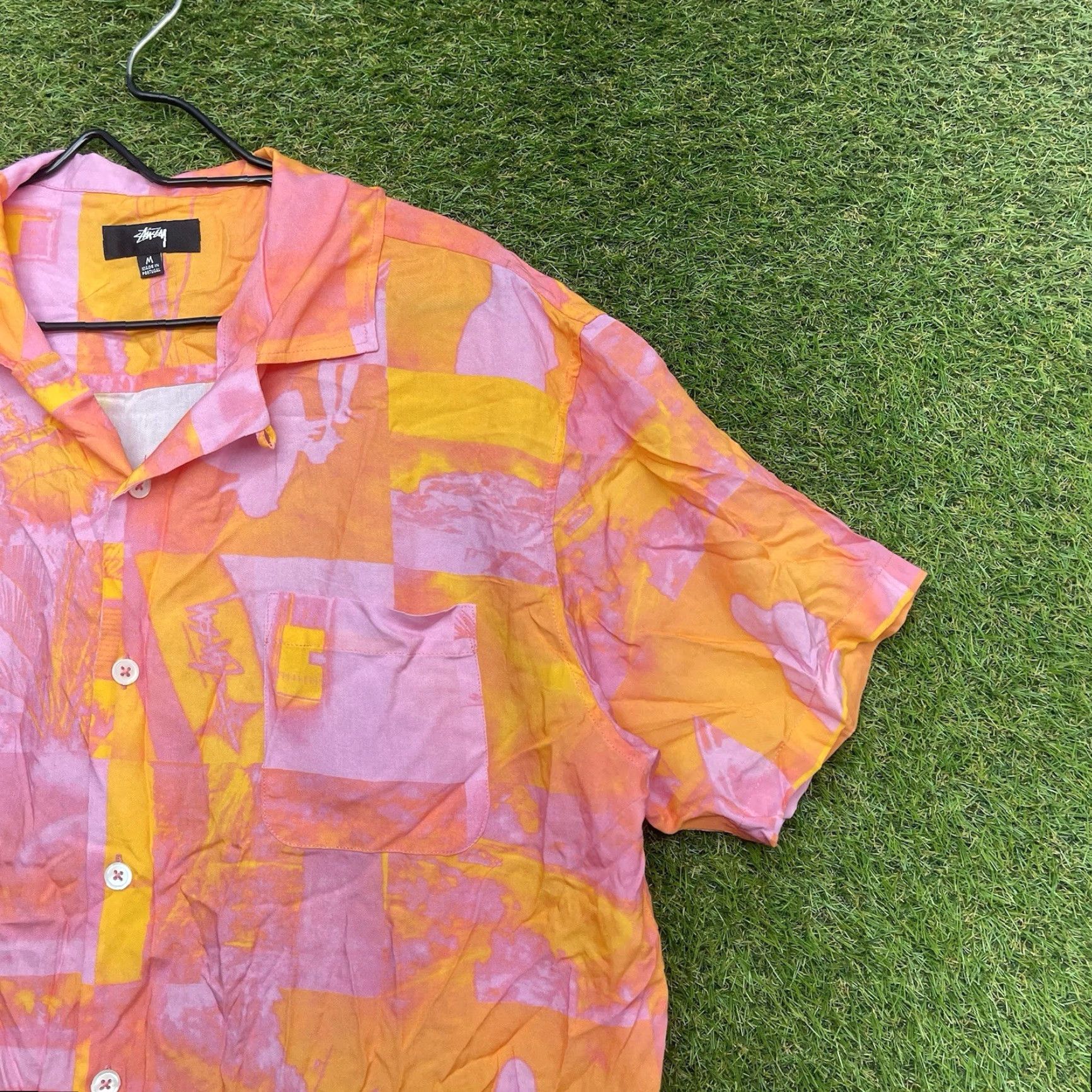 Pinko Stussy Button-Up Shirt Mens Medium Pink Short Sleeve Lightweight Geometric Abstract y2k Size US M / EU 48-50 / 2 - 3 Thumbnail