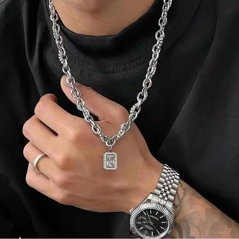 Jewelry × Vintage Hip Hop Square Zircon Necklace Titanium Steel Pendant Size ONE SIZE - 1 Thumbnail