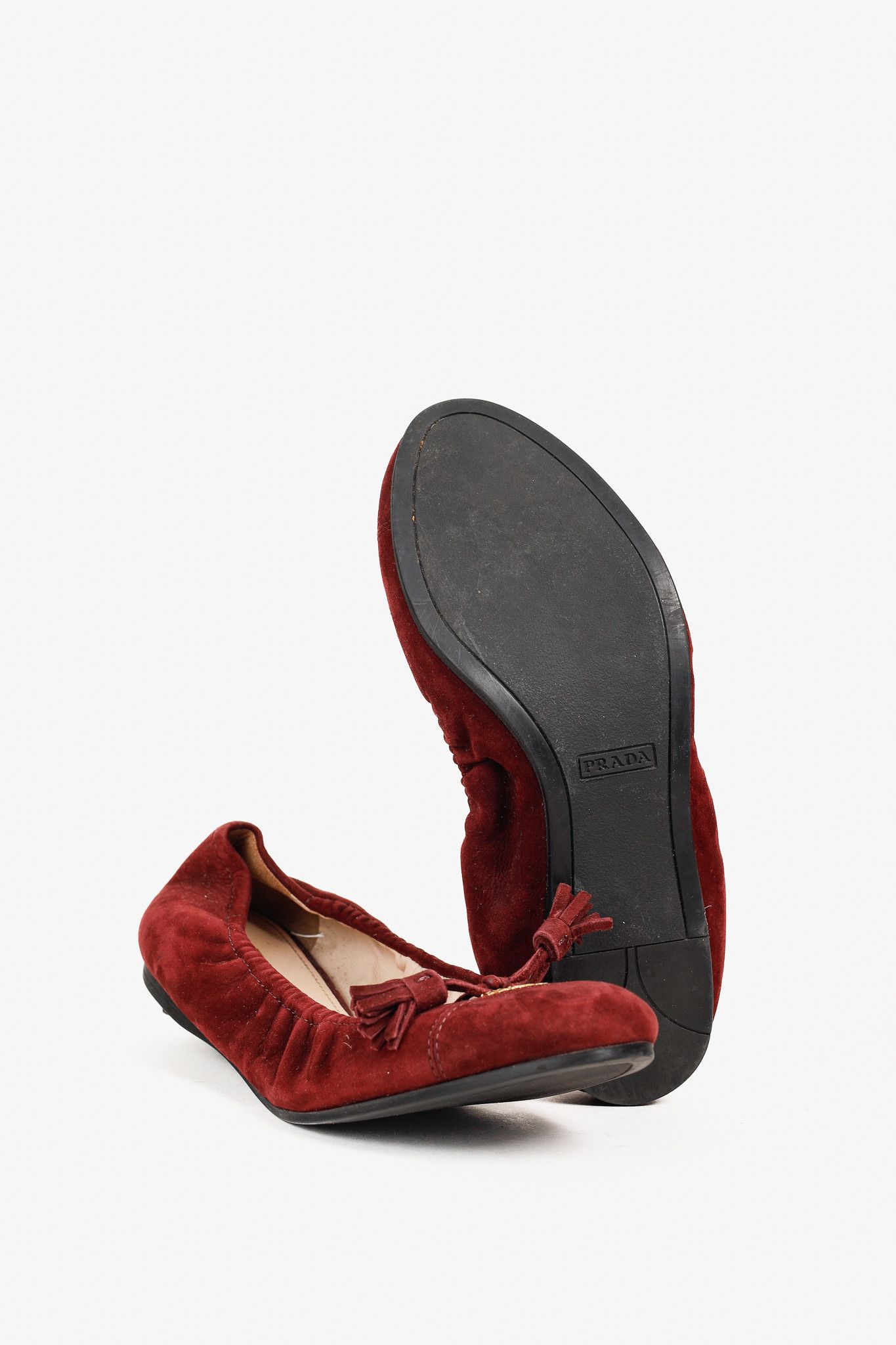 Prada Prada Burgundy Suede Tassel-Bow Scrunch Ballet Flat Size US 5.5 / IT 35.5 - 5 Thumbnail