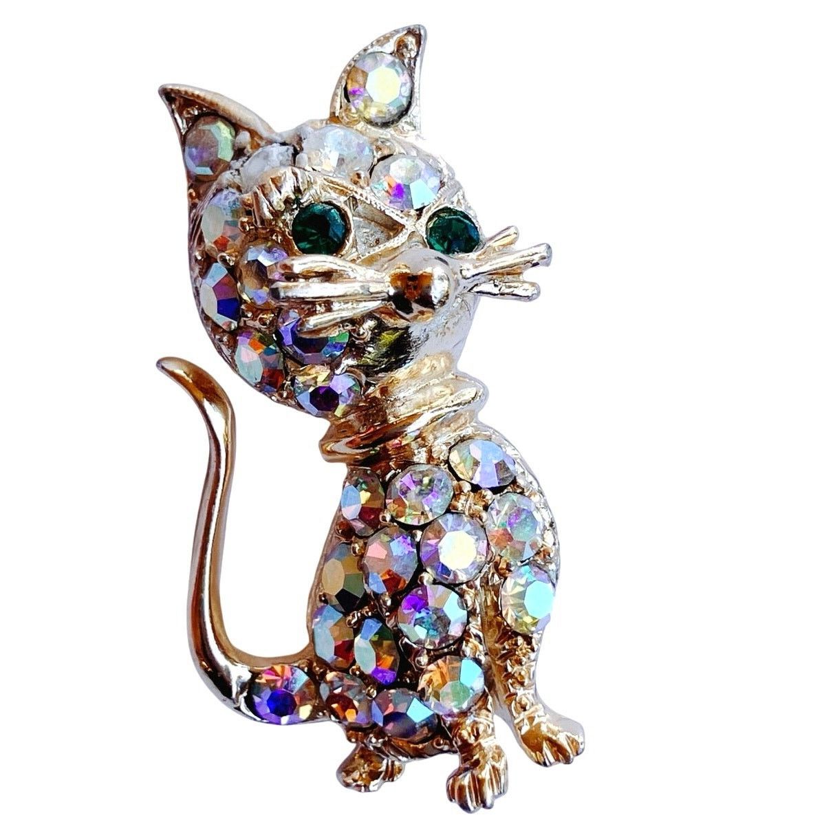 Vintage Vintage Mid Century Cat Brooch AB Rhinestones Kitschy Size ONE SIZE - 1 Thumbnail