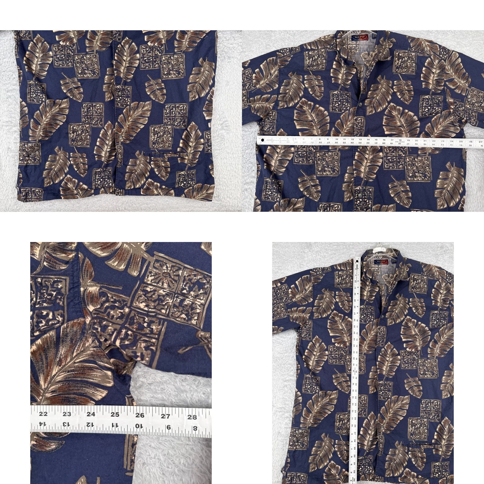 Vintage Repp Ltd Shirt Adult 2XL Blue Beige Floral Palm Tile Button Hawaiian Cotton Size US XXL / EU 58 / 5 - 8 Thumbnail