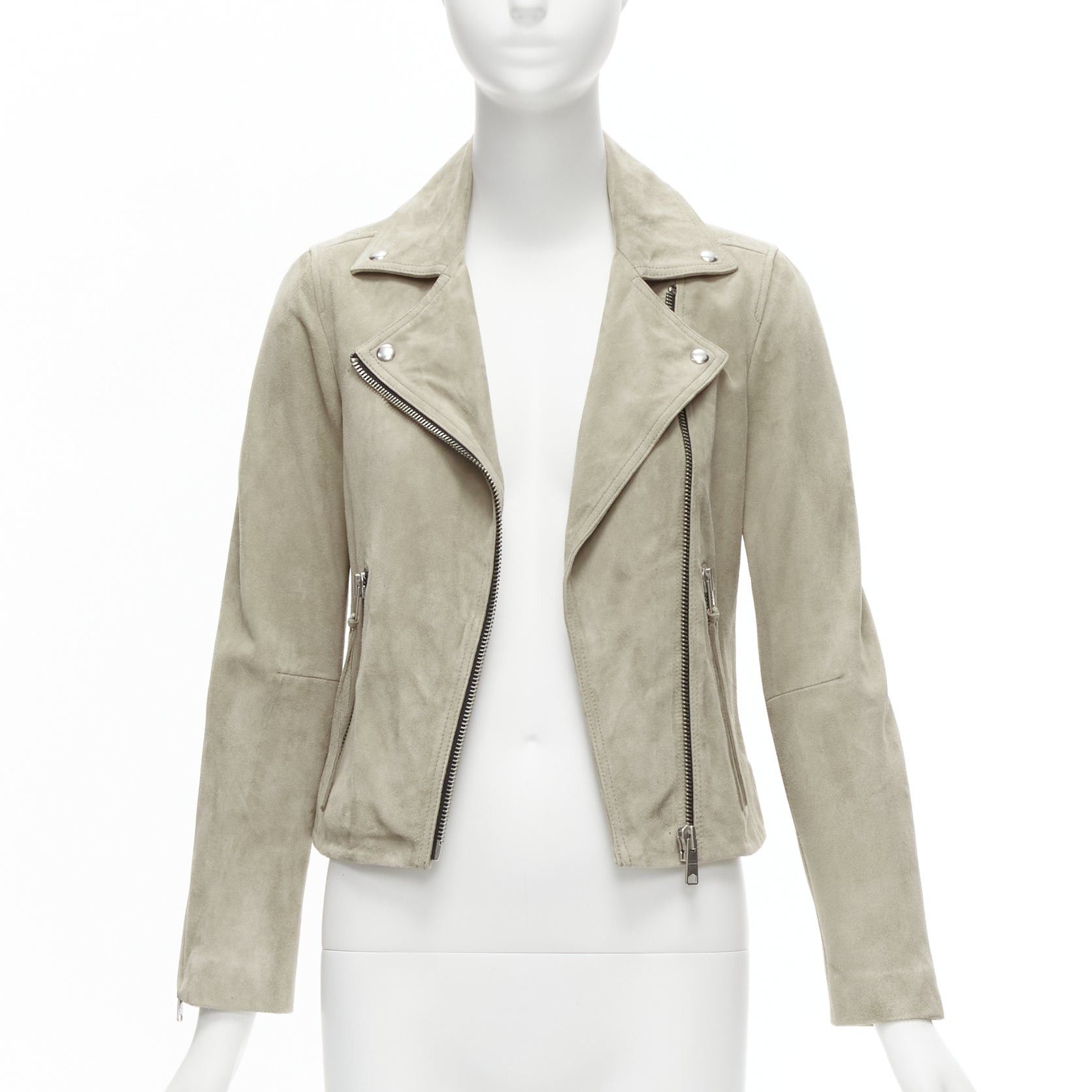 Allsaints ALL SAINTS Dalby grey goat suede leather silver hardware classic biker jacket UK6 XS Size XS / US 0-2 / IT 36-38 - 1 Thumbnail
