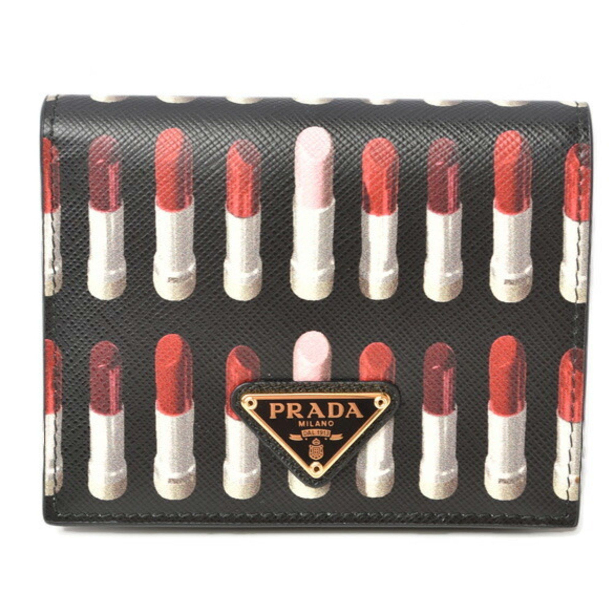 image of Prada Folding Wallet 1Mv204 Saffiano Lip Motif Nero Black Outlet, Women's
