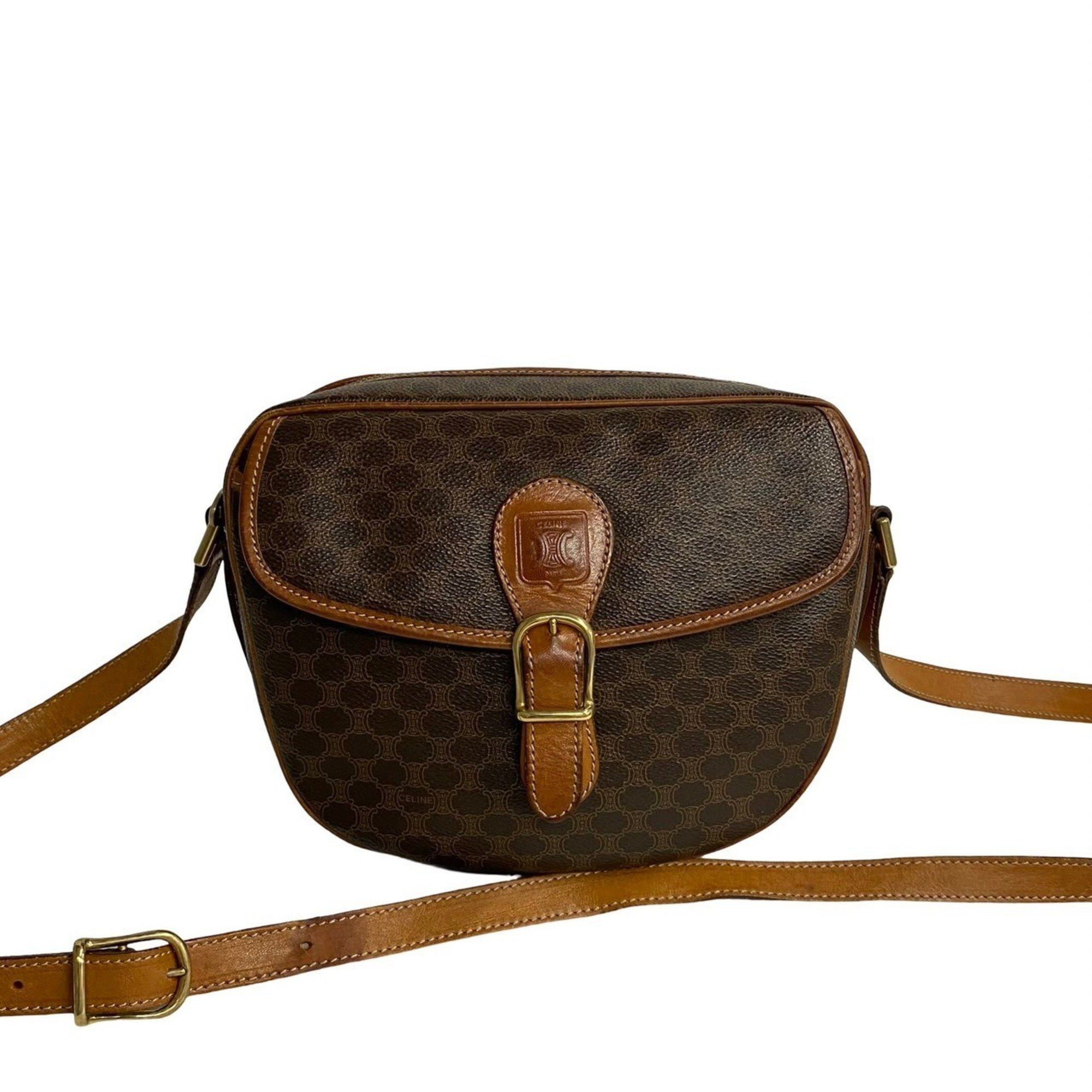 image of Celine Macadam Blason Pattern Leather Shoulder Bag Pochette Sacoche Brown 28173, Women's