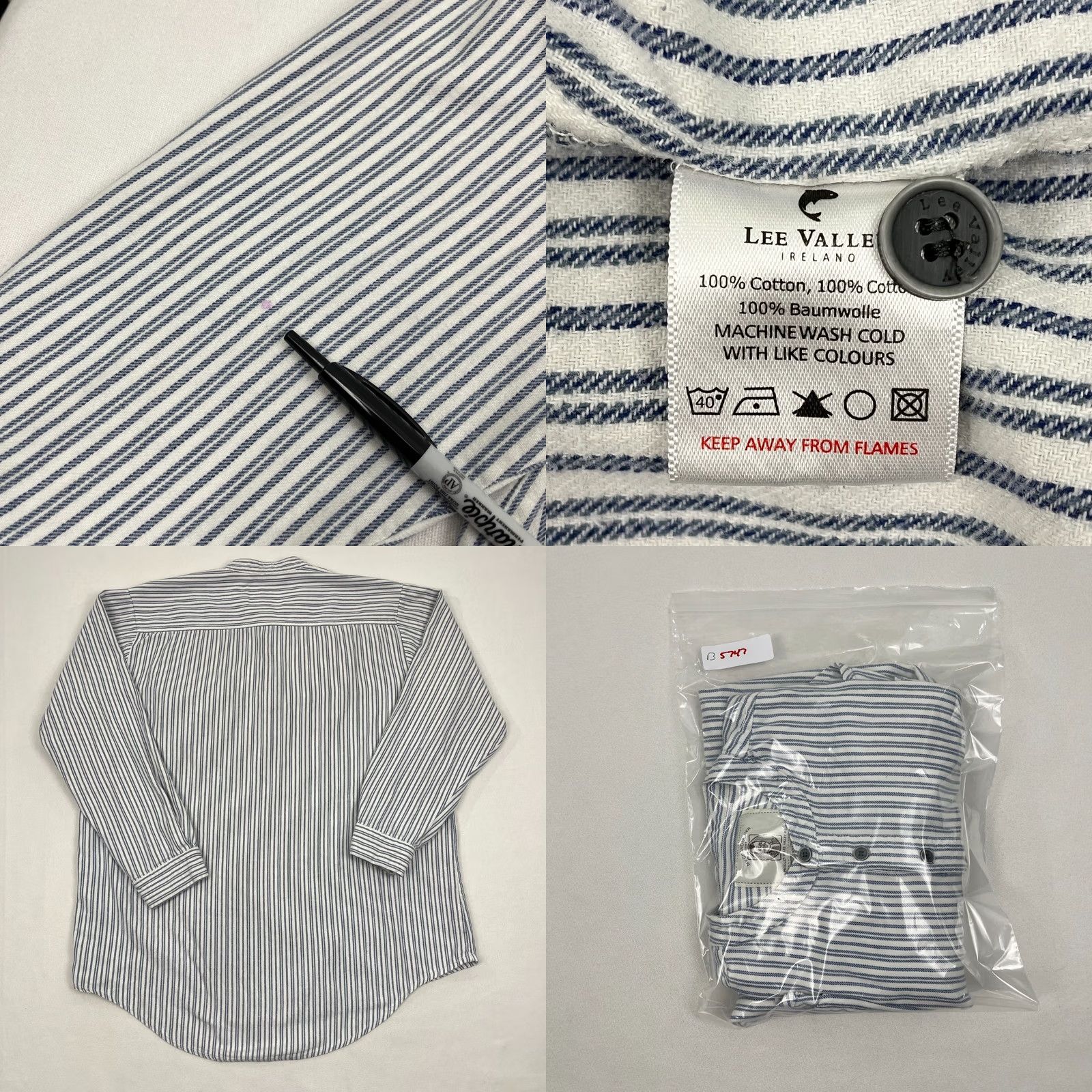 Lee Lee Valley Ireland Grandfather Shirt Mens XXL Blue White Striped Button-Up Band Size US XXL / EU 58 / 5 - 8 Thumbnail