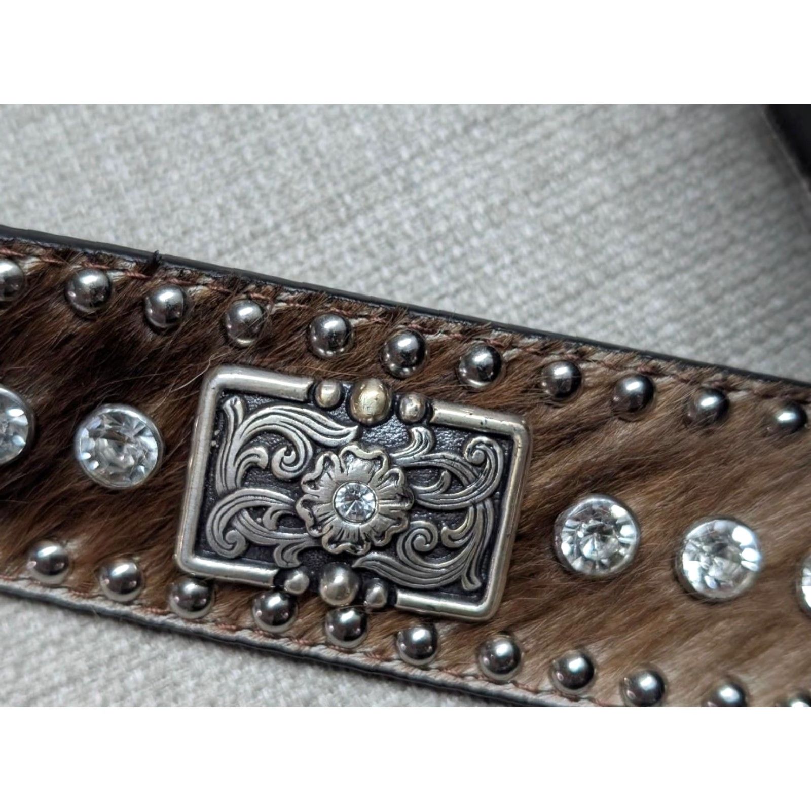 Vintage VINTAGE Ranger Western Belt belt Men 42 Brown Leather Studded Rhinestone Cowhair Concho 1-1/2" Western 90s Mens Size 42 - 4 Thumbnail